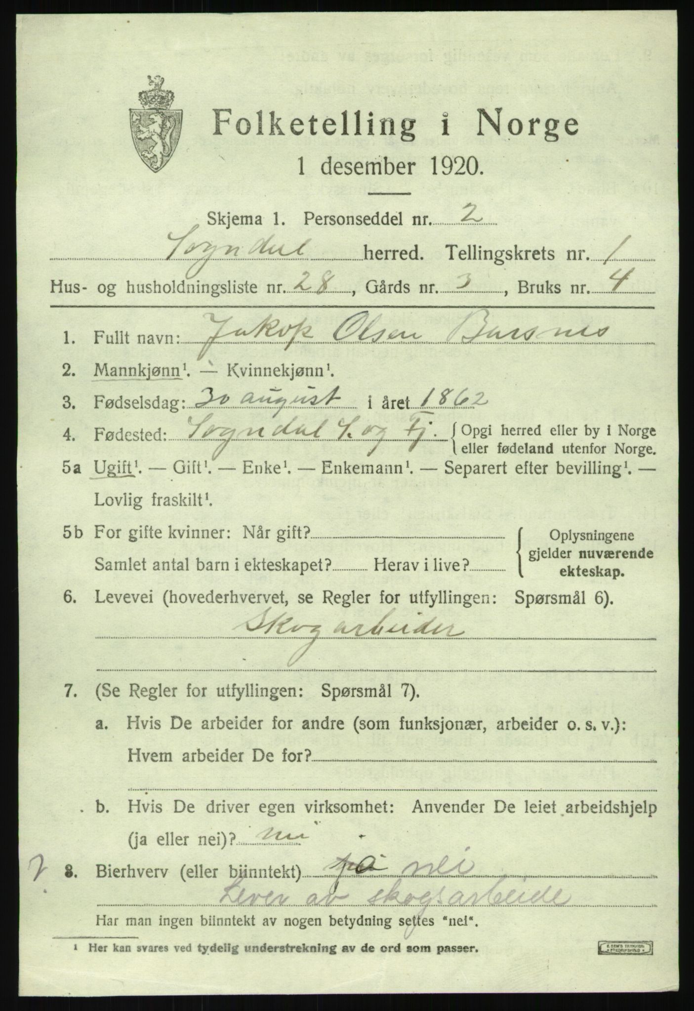 SAB, 1920 census for Sogndal, 1920, p. 1649