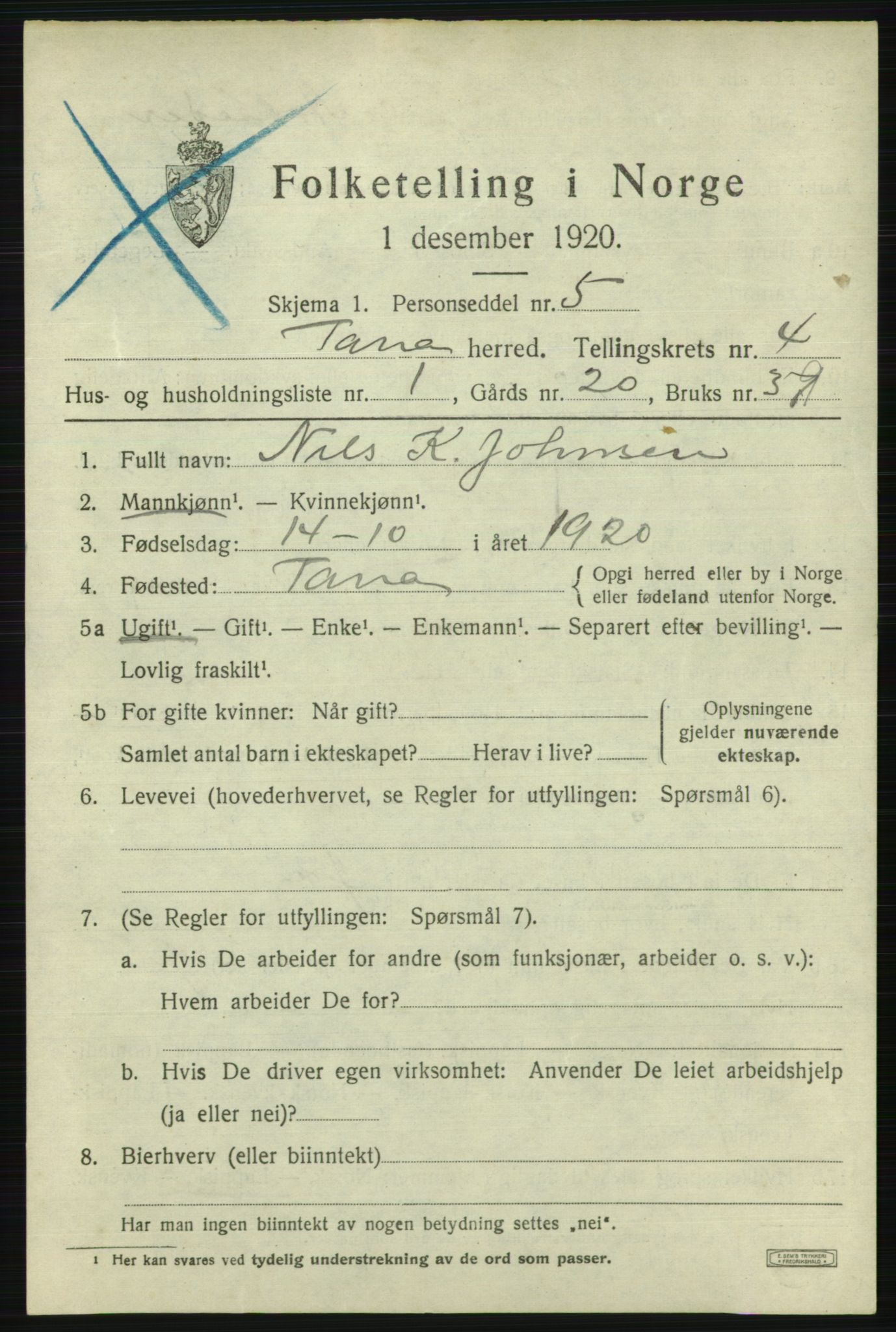 SATØ, 1920 census for Tana, 1920, p. 3030