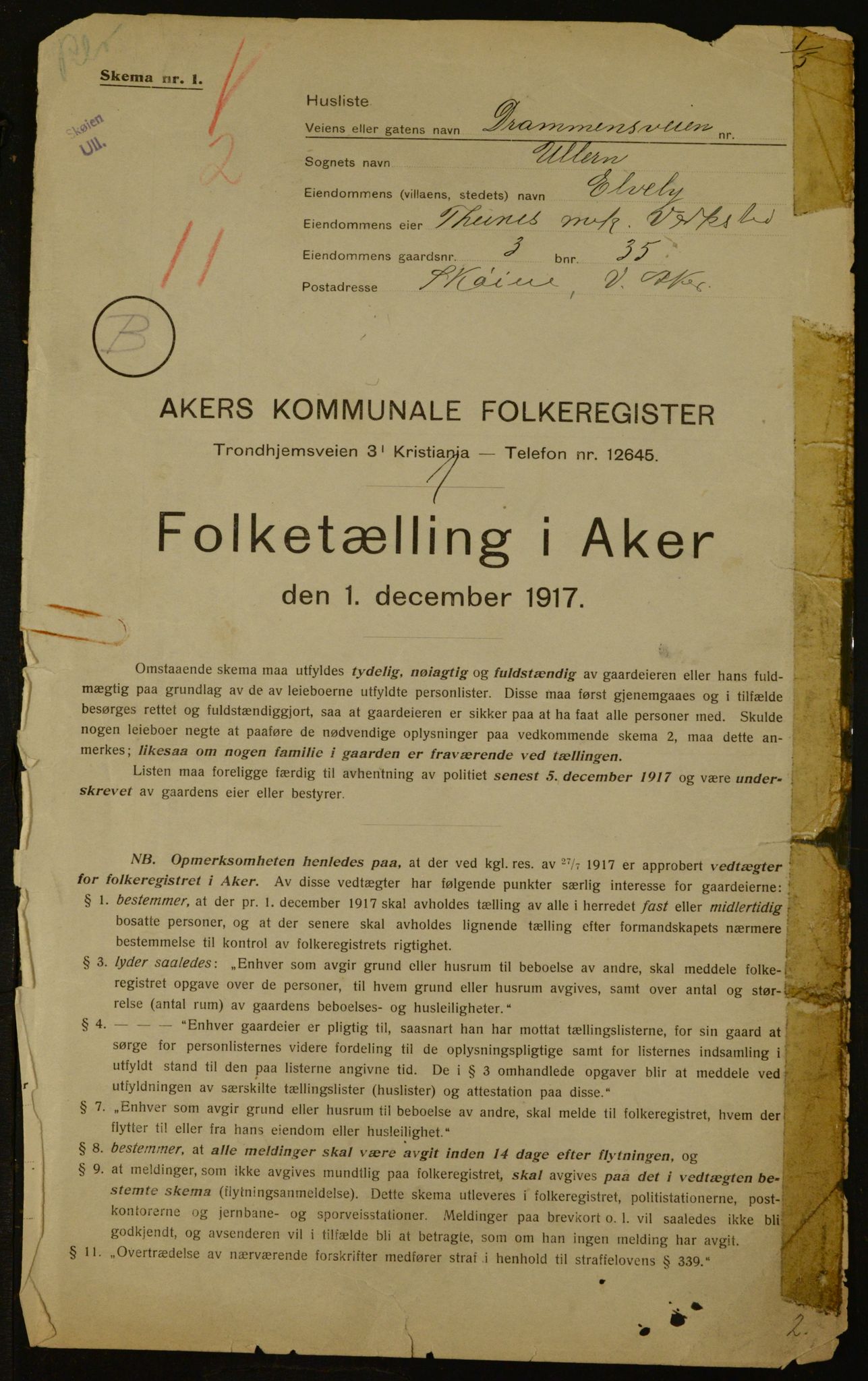OBA, Municipal Census 1917 for Aker, 1917, p. 5536