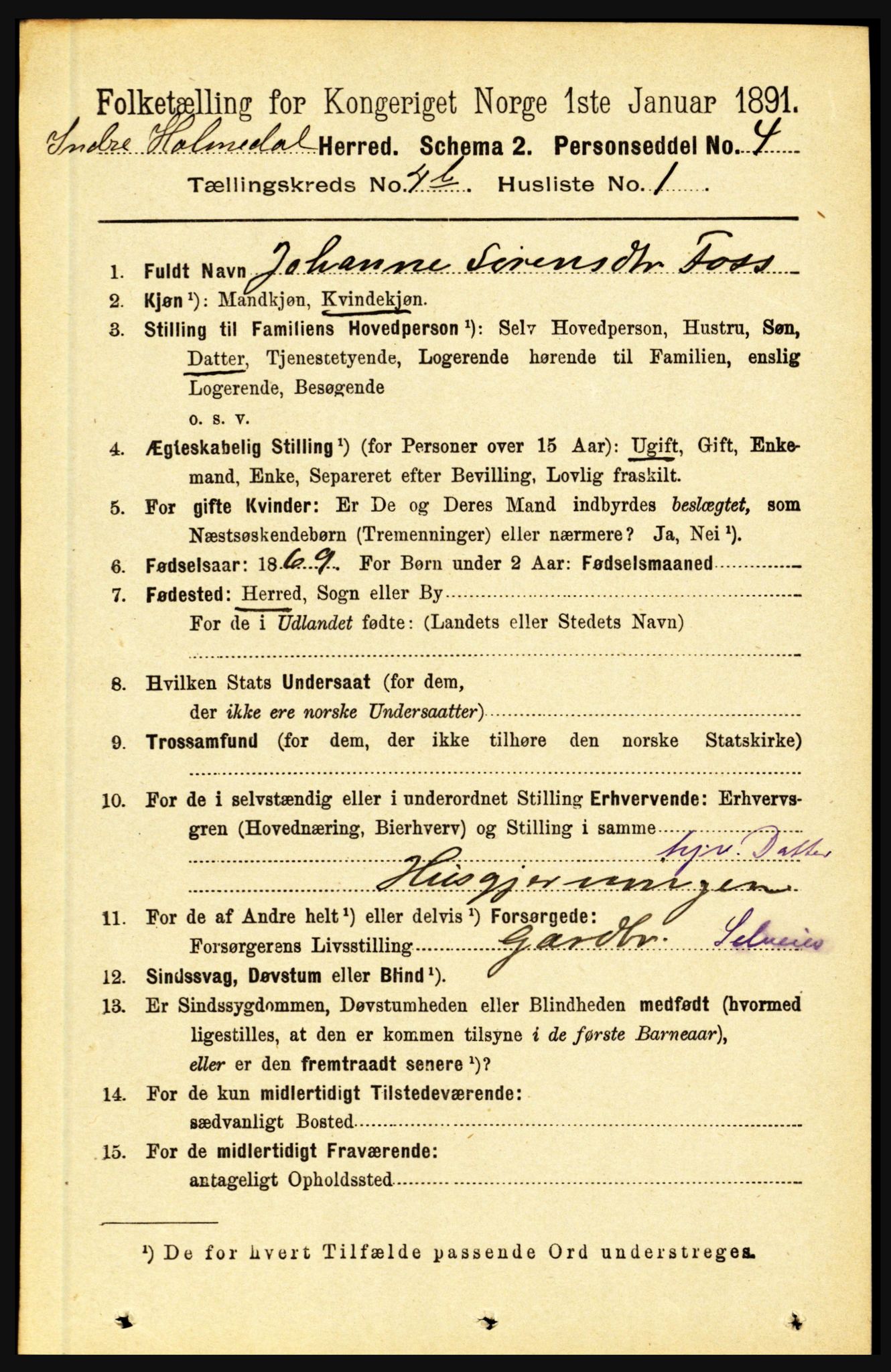 RA, 1891 census for 1430 Indre Holmedal, 1891, p. 1455