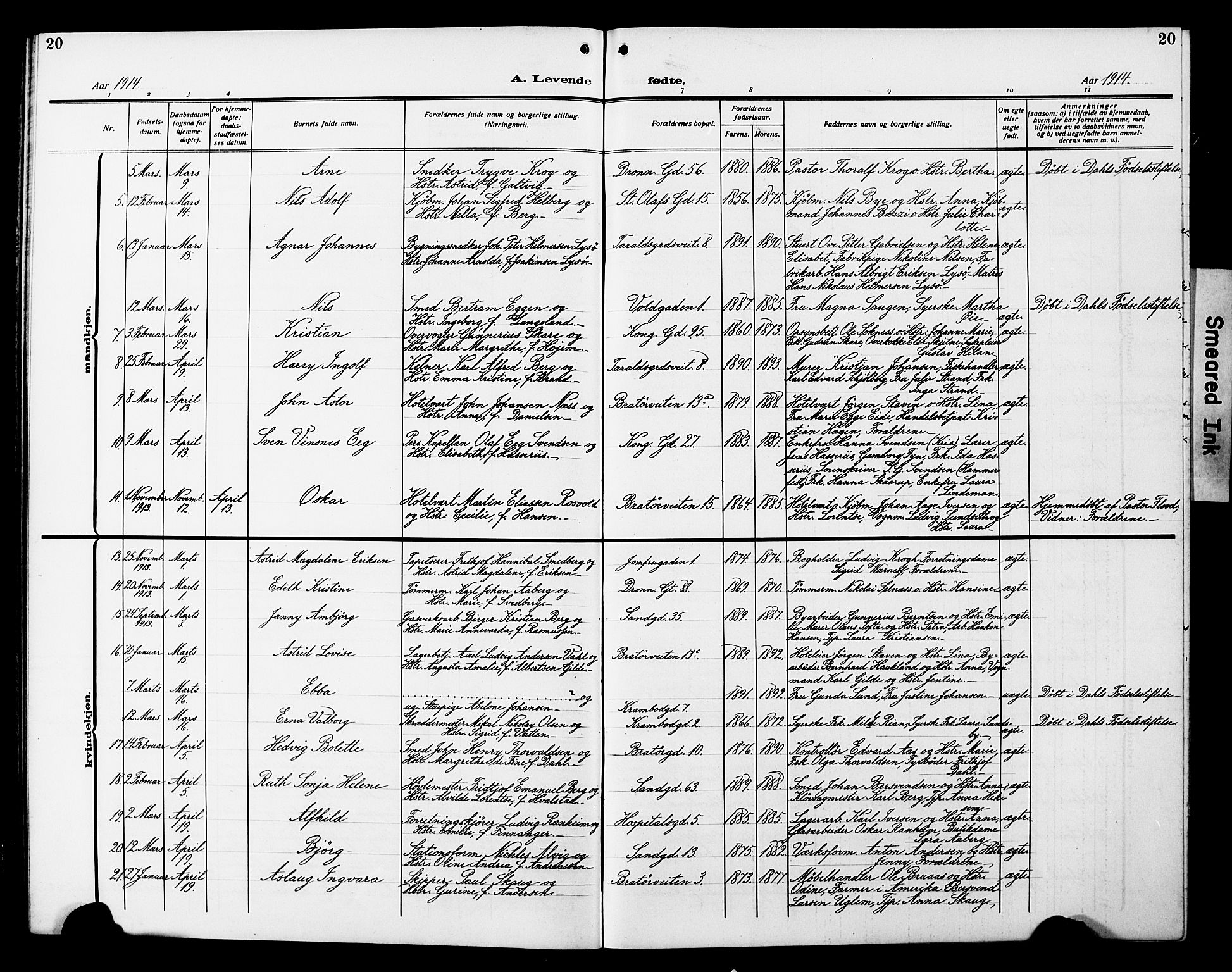 Ministerialprotokoller, klokkerbøker og fødselsregistre - Sør-Trøndelag, AV/SAT-A-1456/602/L0147: Parish register (copy) no. 602C15, 1911-1924, p. 20