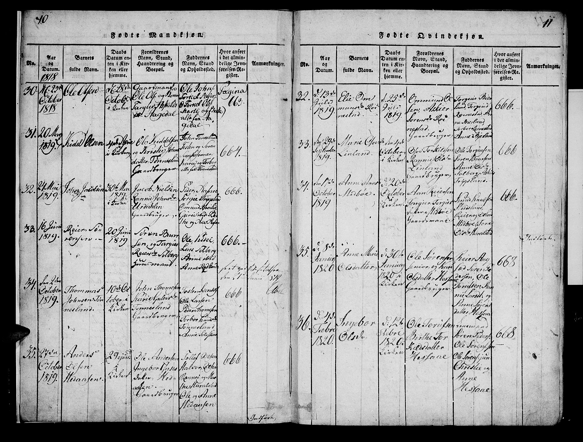 Bjelland sokneprestkontor, AV/SAK-1111-0005/F/Fa/Faa/L0002: Parish register (official) no. A 2, 1816-1866, p. 10-11