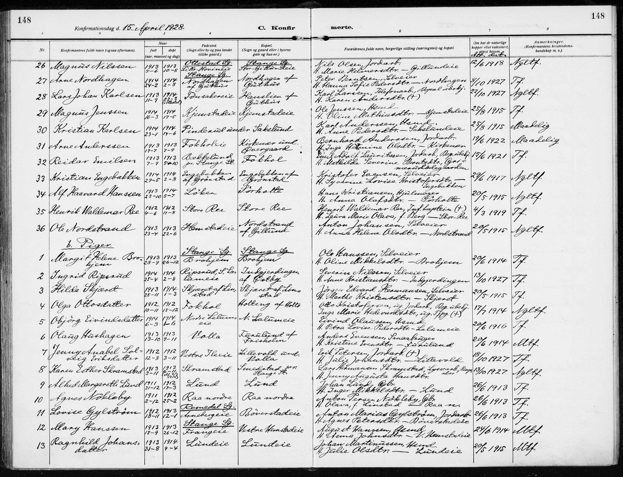 Stange prestekontor, AV/SAH-PREST-002/K/L0026: Parish register (official) no. 26, 1923-1937, p. 148