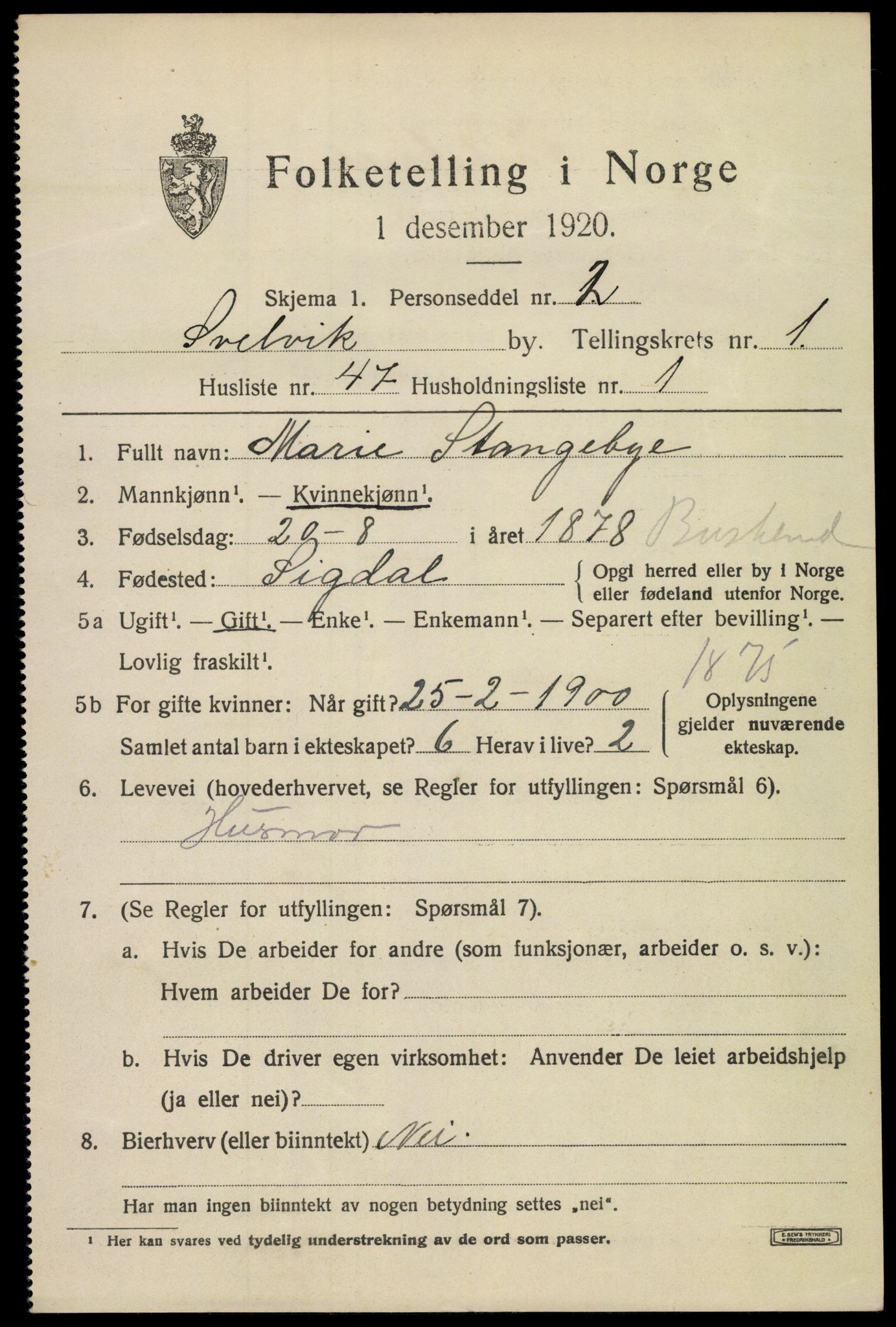 SAKO, 1920 census for Svelvik, 1920, p. 1689