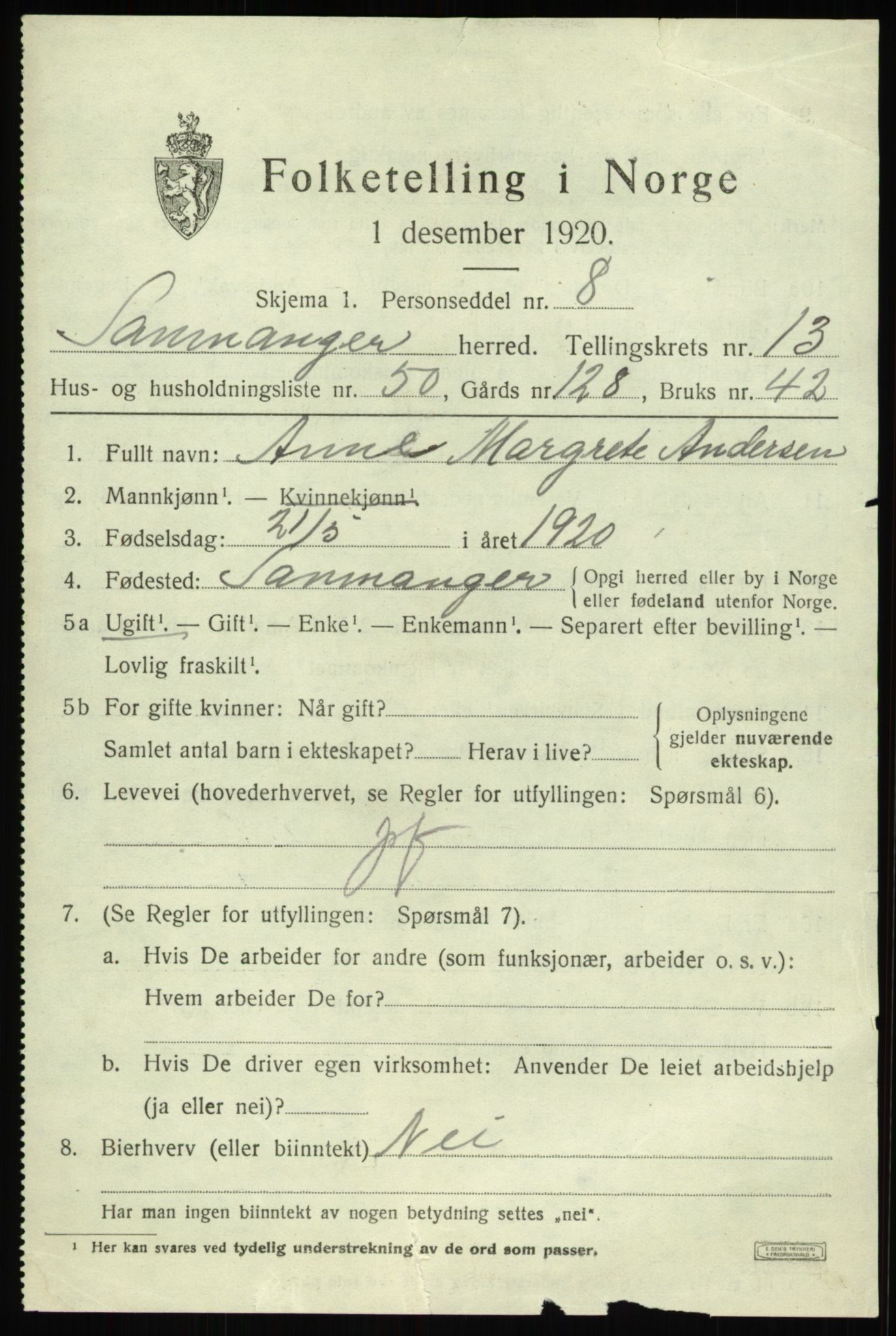 SAB, 1920 census for Samnanger, 1920, p. 5881