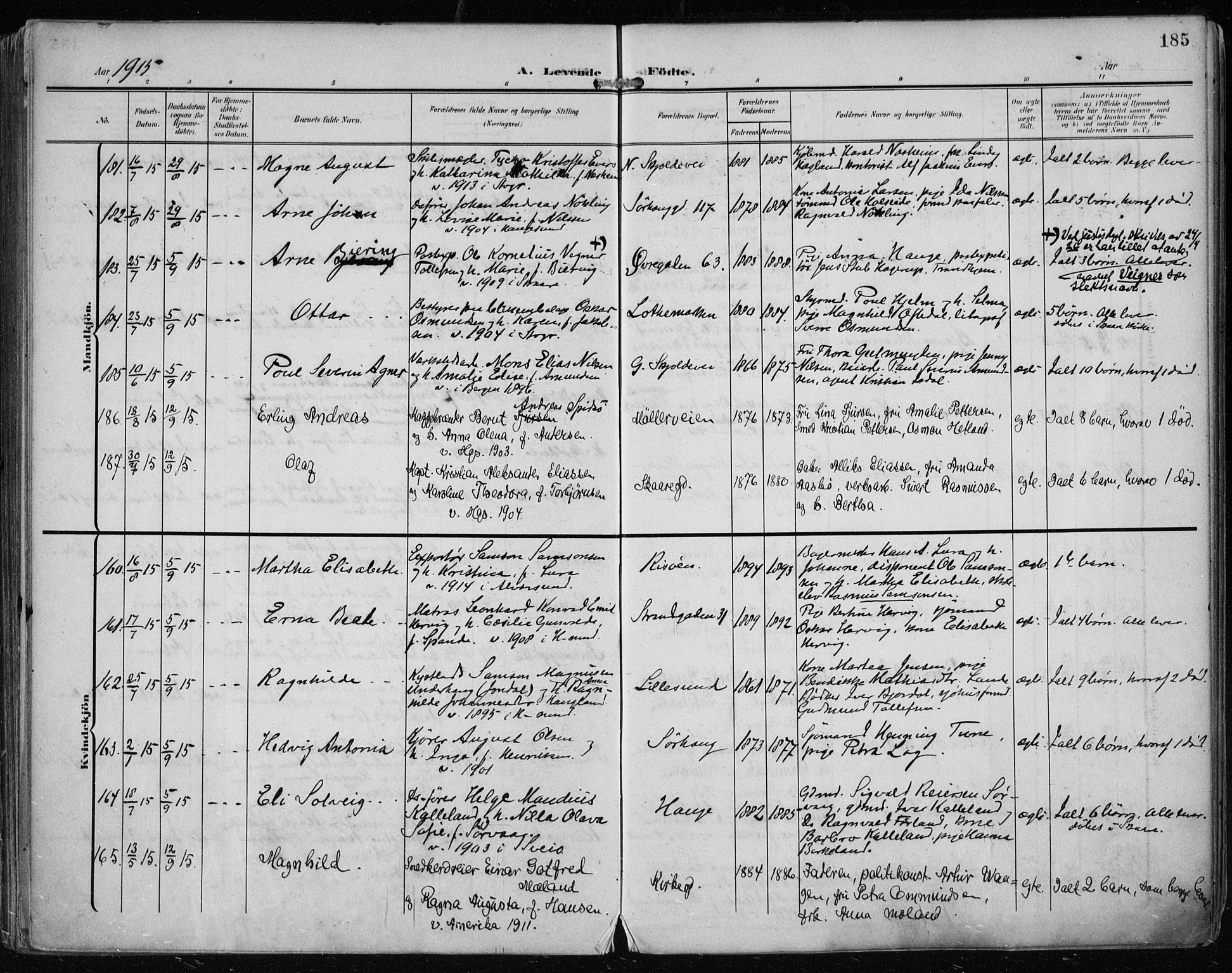 Haugesund sokneprestkontor, AV/SAST-A -101863/H/Ha/Haa/L0008: Parish register (official) no. A 8, 1908-1921, p. 185