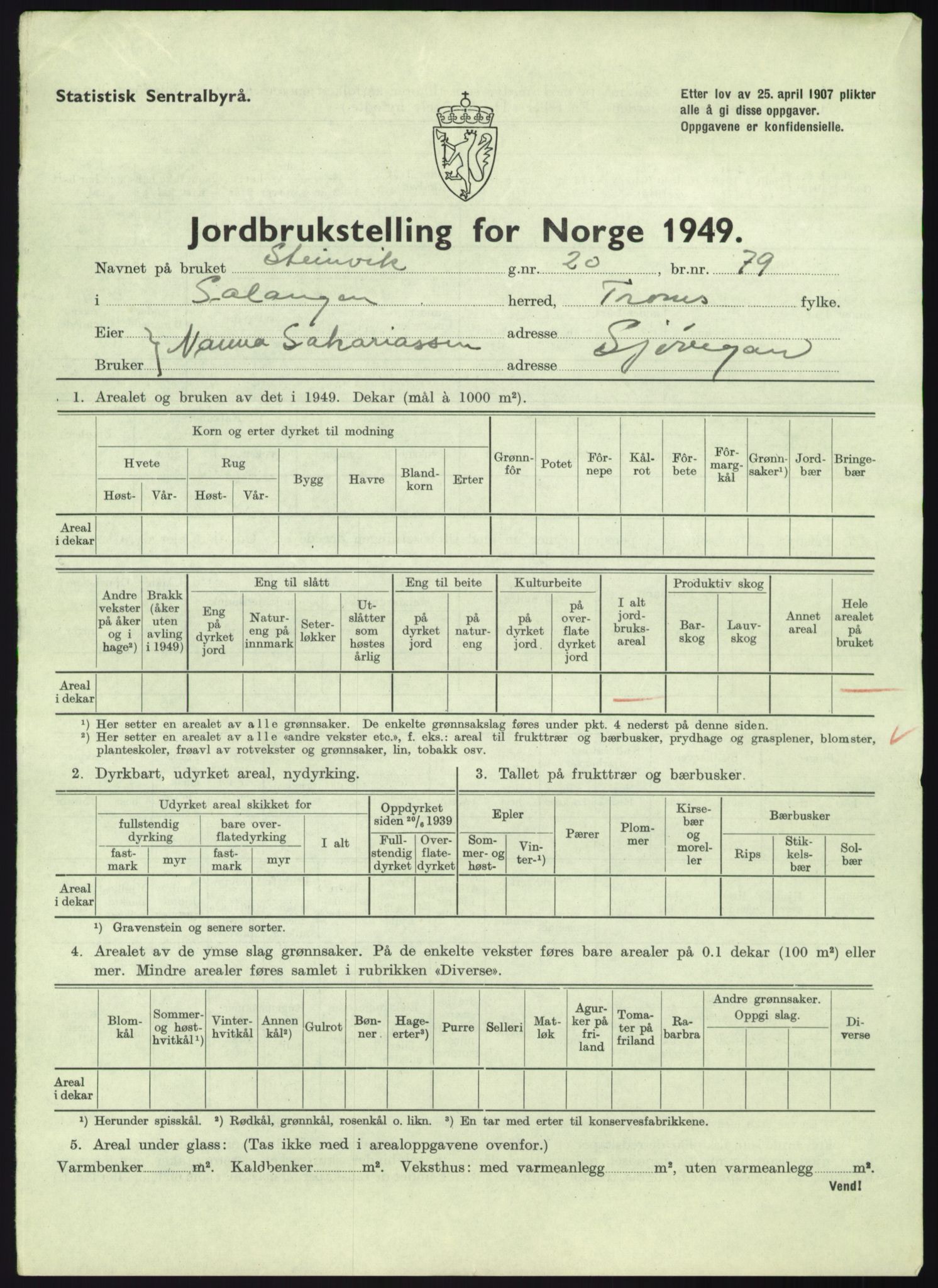 Statistisk sentralbyrå, Næringsøkonomiske emner, Jordbruk, skogbruk, jakt, fiske og fangst, AV/RA-S-2234/G/Gc/L0438: Troms: Salangen og Bardu, 1949, p. 7