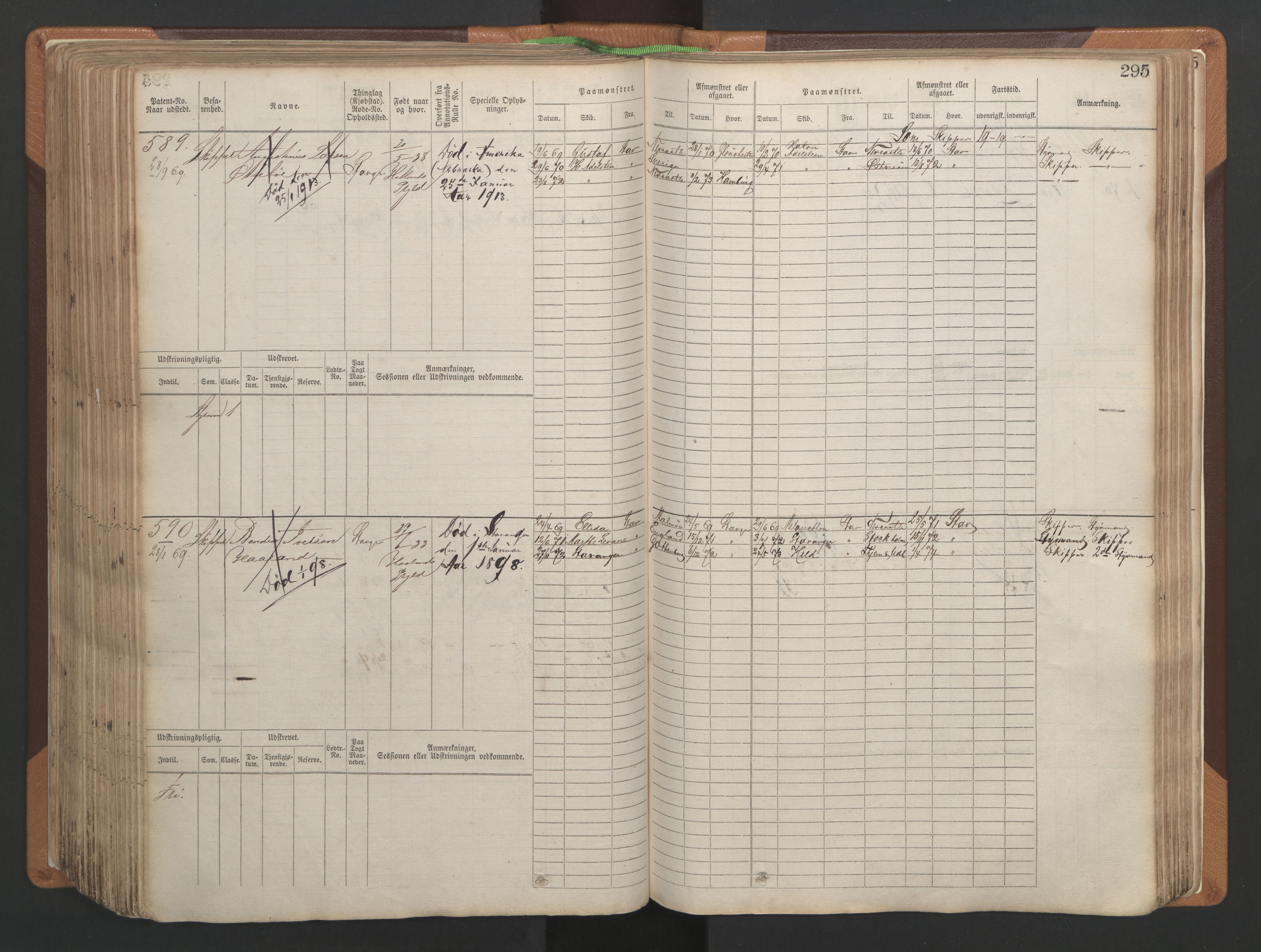 Stavanger sjømannskontor, AV/SAST-A-102006/F/Fb/Fbb/L0004: Sjøfartshovedrulle, patentnr. 1-792 (del 1), 1869-1880, p. 301