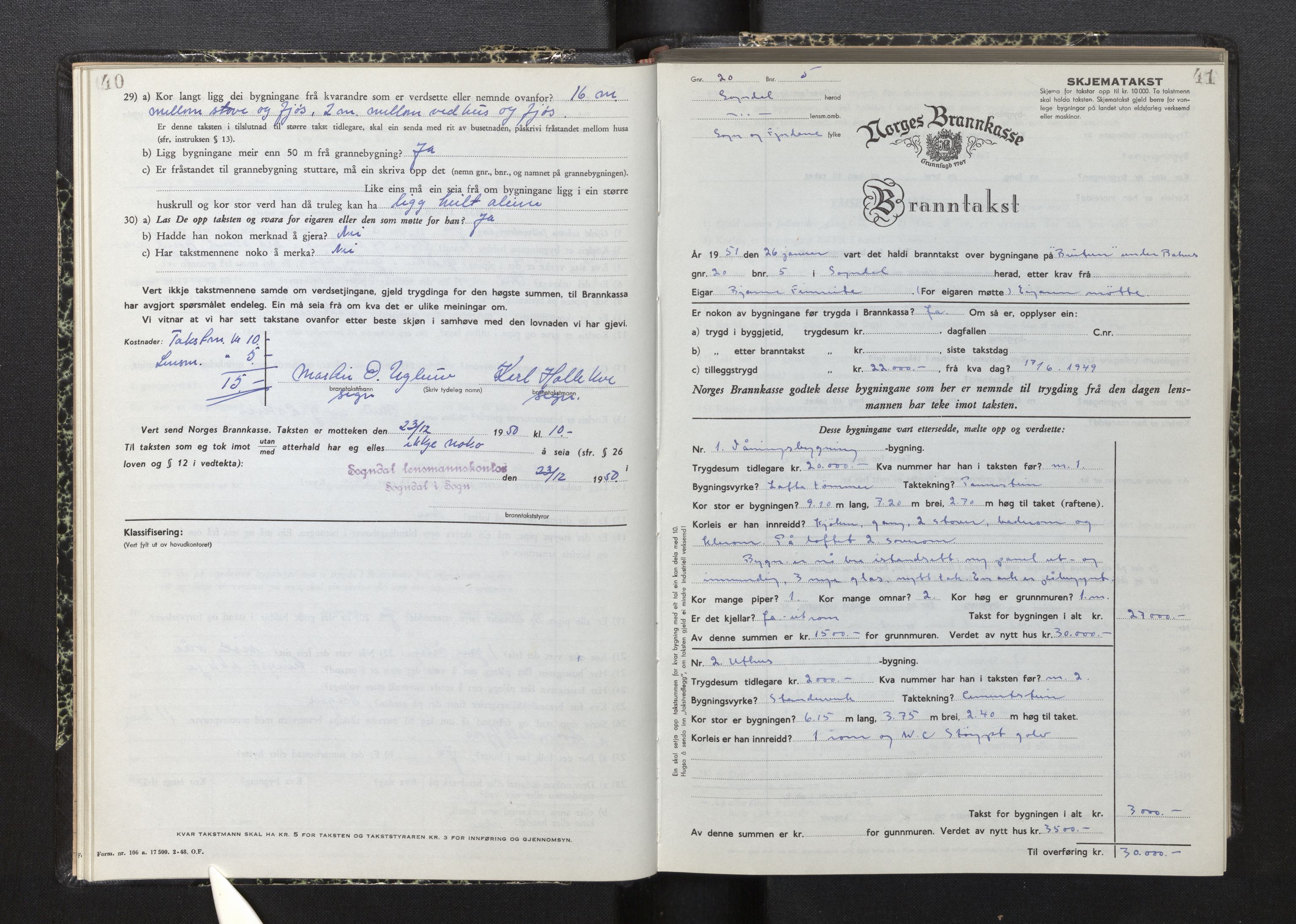 Lensmannen i Sogndal, AV/SAB-A-29901/0012/L0015: Branntakstprotokoll, skjematakst, 1950-1955, p. 40-41