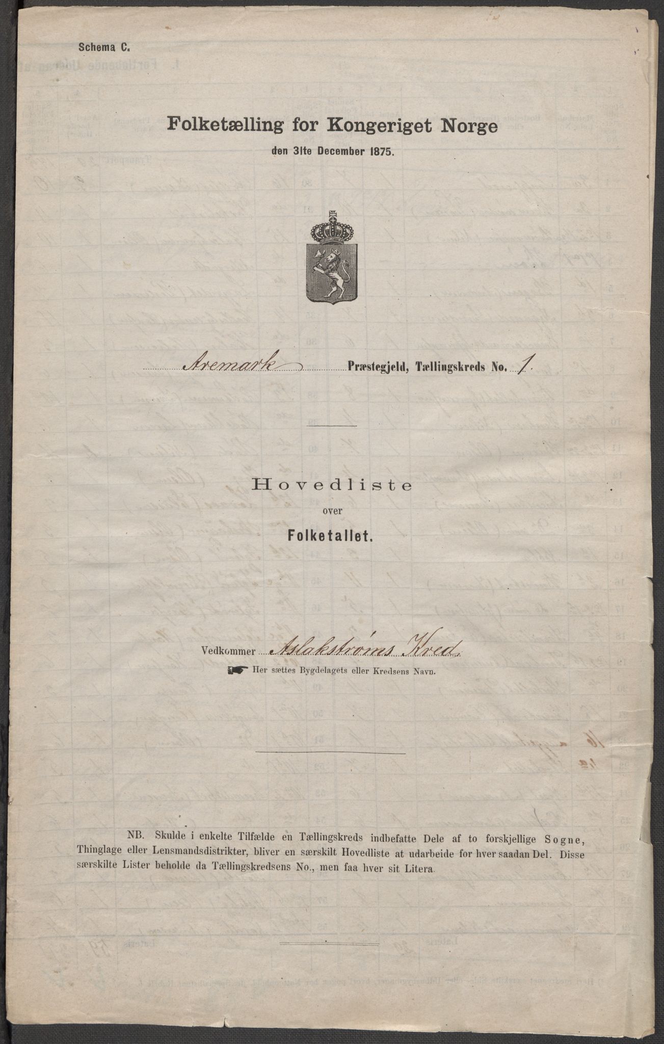RA, 1875 census for 0118P Aremark, 1875, p. 1