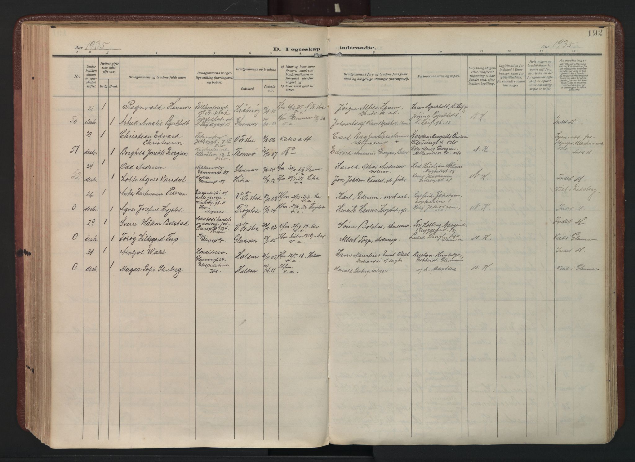 Fredrikstad domkirkes prestekontor Kirkebøker, AV/SAO-A-10906/F/Fa/L0009: Parish register (official) no. 9, 1908-1946, p. 192