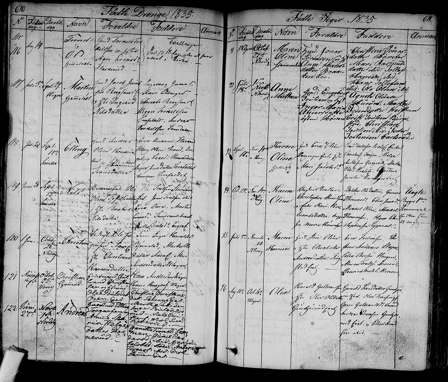 Norderhov kirkebøker, AV/SAKO-A-237/F/Fa/L0009: Parish register (official) no. 9, 1819-1837, p. 610-611