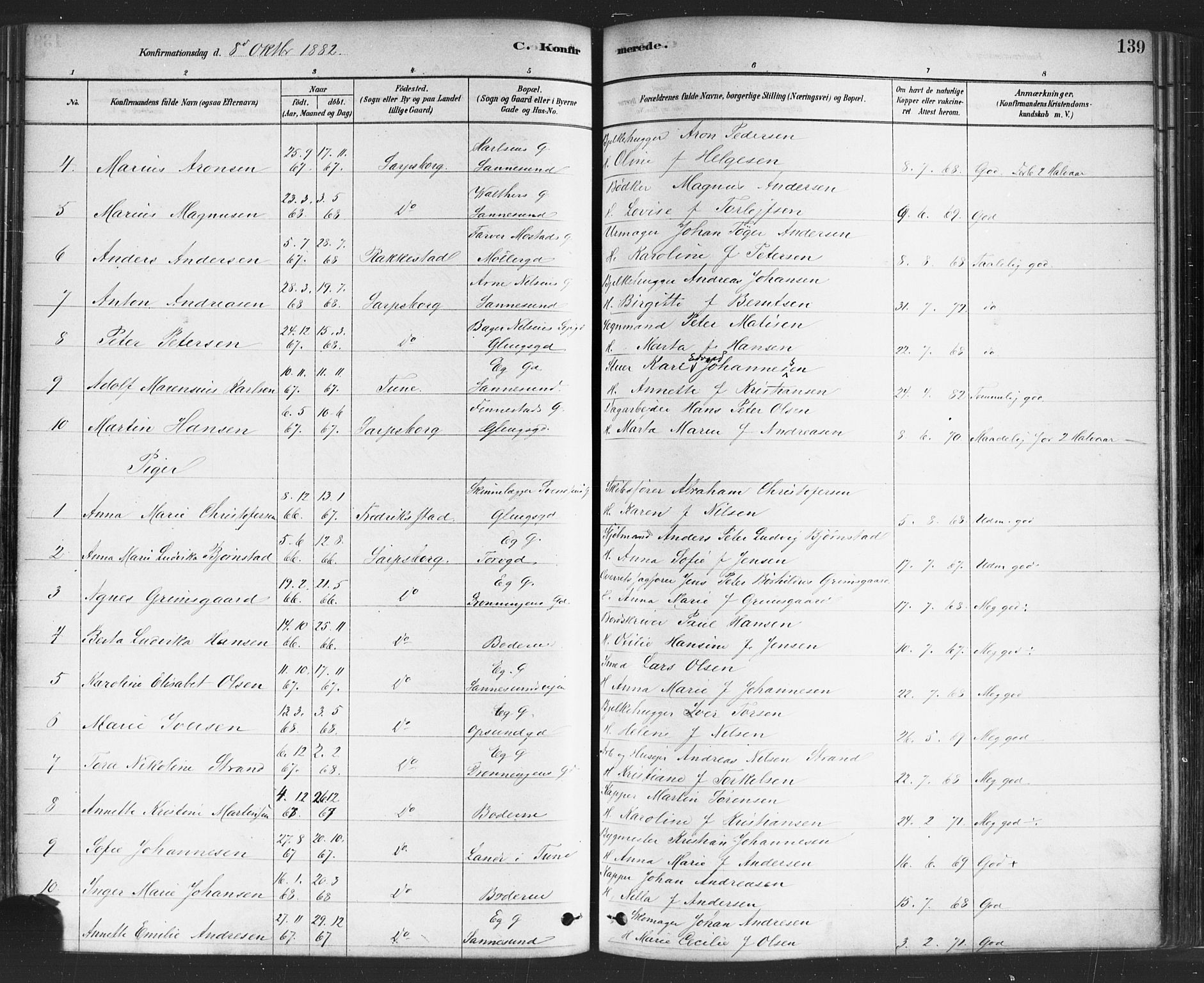 Sarpsborg prestekontor Kirkebøker, SAO/A-2006/F/Fa/L0003: Parish register (official) no. 3, 1878-1891, p. 139
