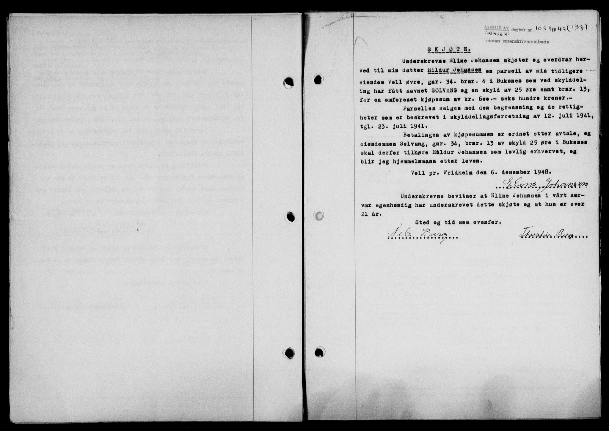Lofoten sorenskriveri, SAT/A-0017/1/2/2C/L0020a: Mortgage book no. 20a, 1948-1949, Diary no: : 1054/1949