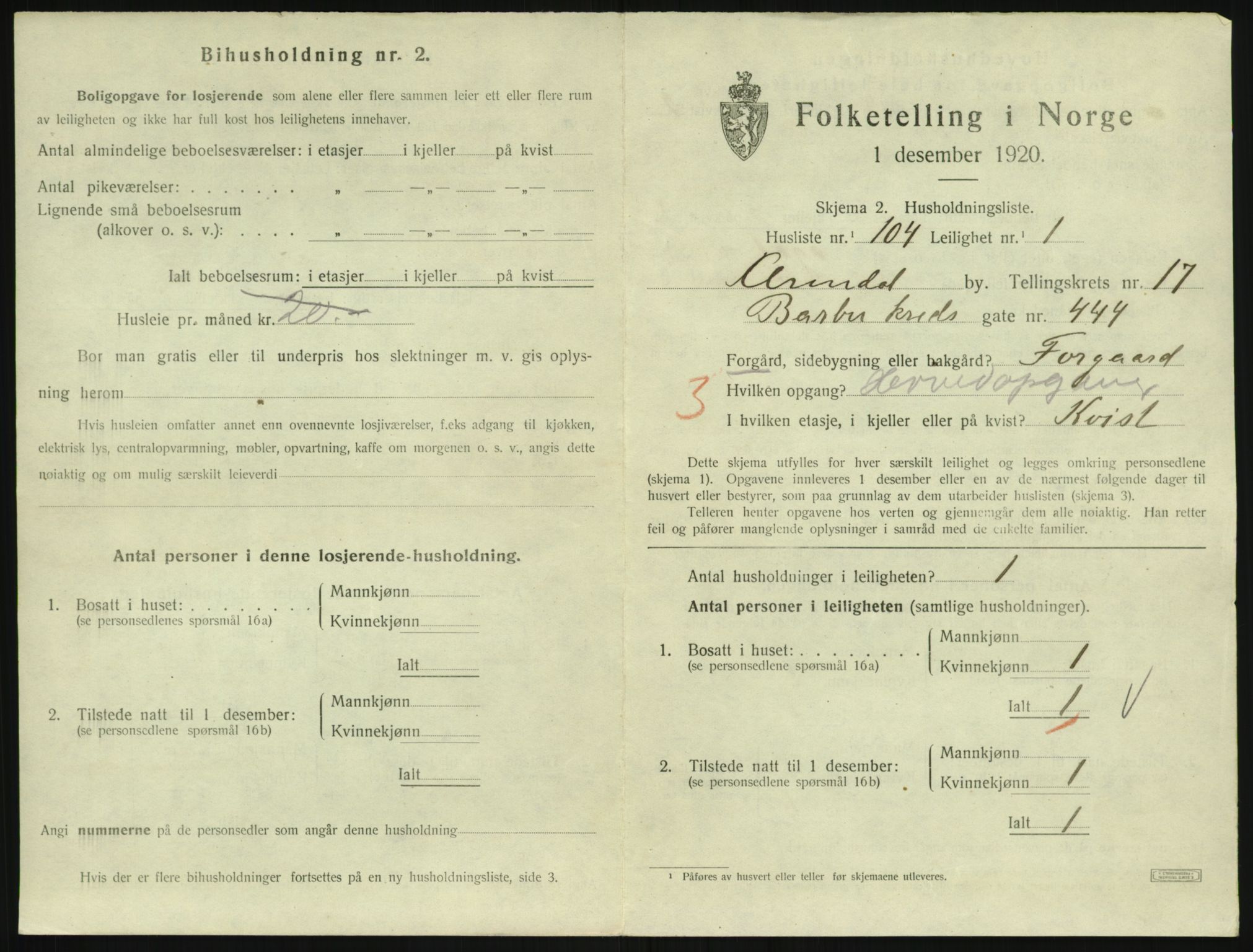 SAK, 1920 census for Arendal, 1920, p. 7854