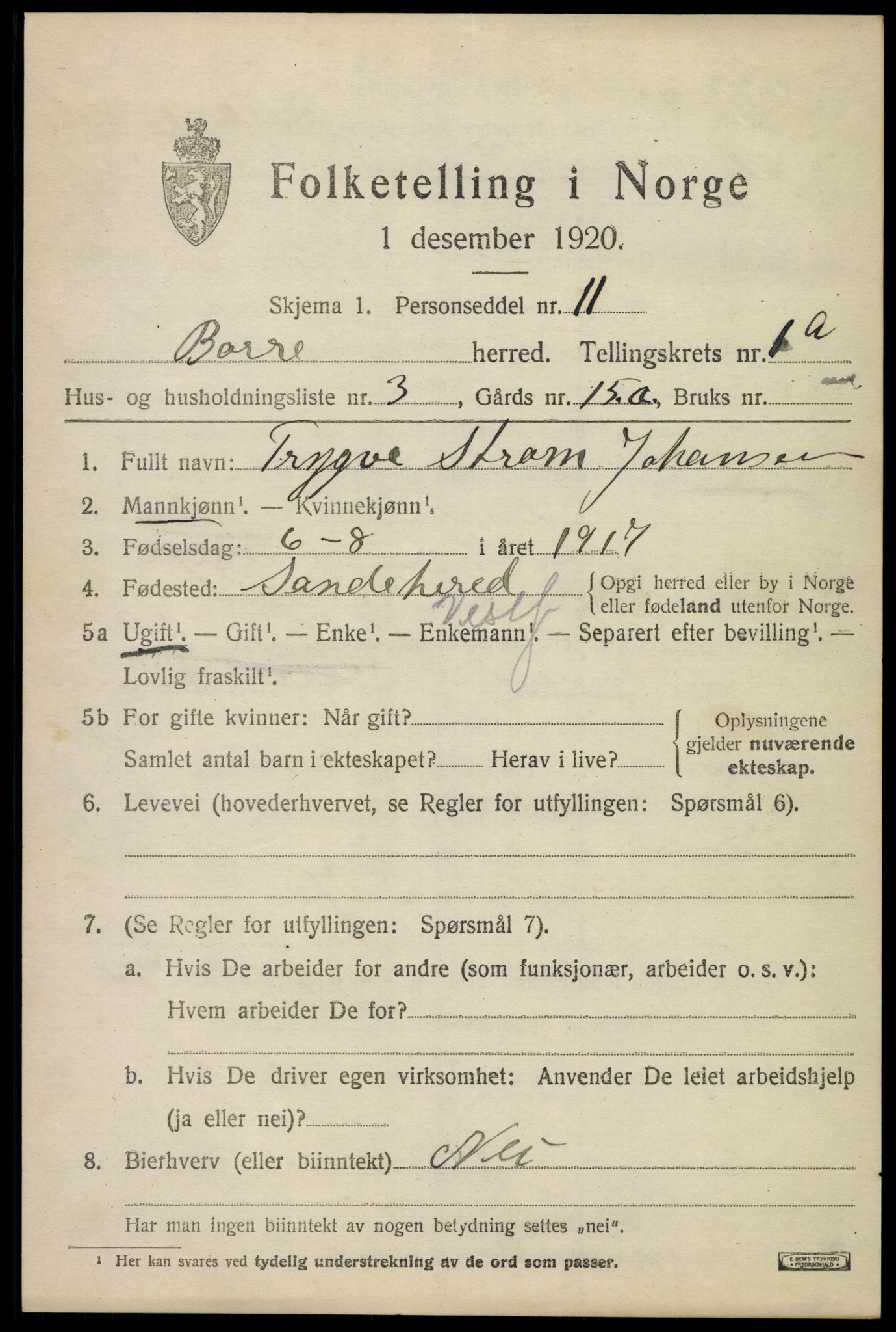 SAKO, 1920 census for Borre, 1920, p. 1428