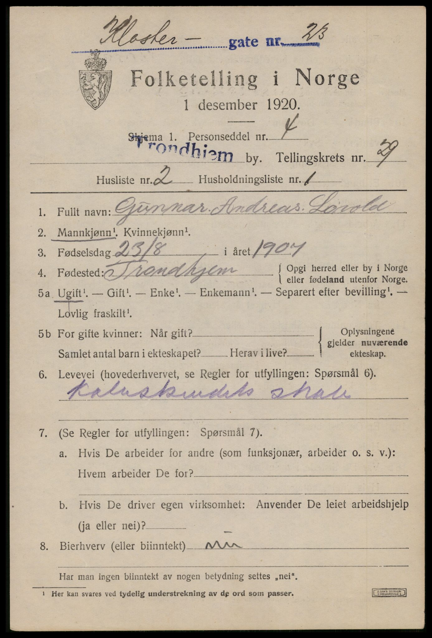 SAT, 1920 census for Trondheim, 1920, p. 72154