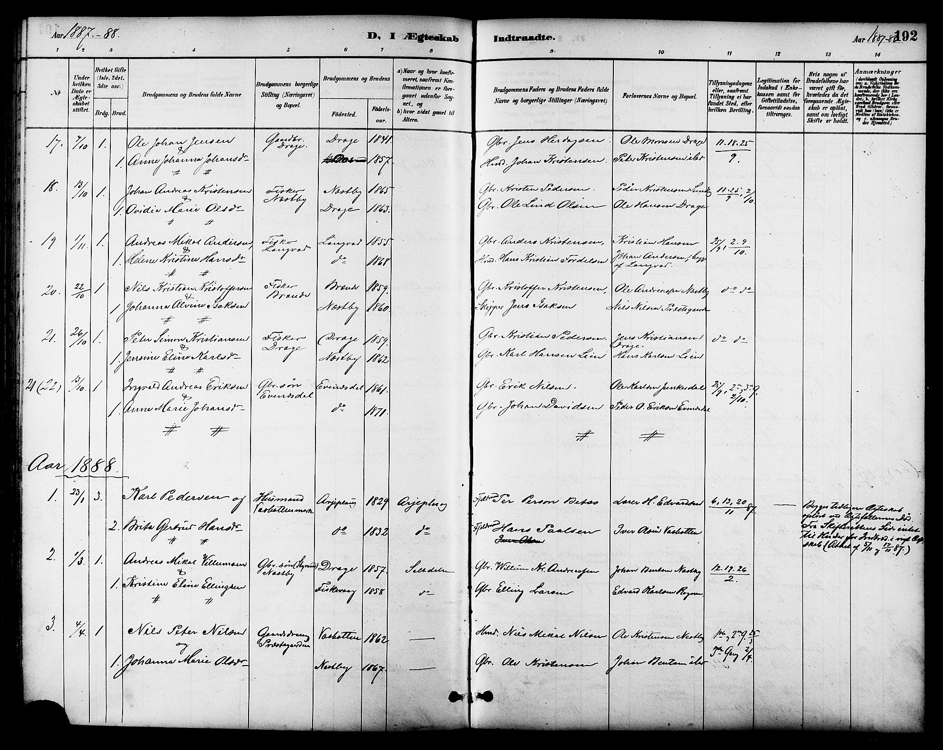 Ministerialprotokoller, klokkerbøker og fødselsregistre - Nordland, AV/SAT-A-1459/847/L0669: Parish register (official) no. 847A09, 1887-1901, p. 192