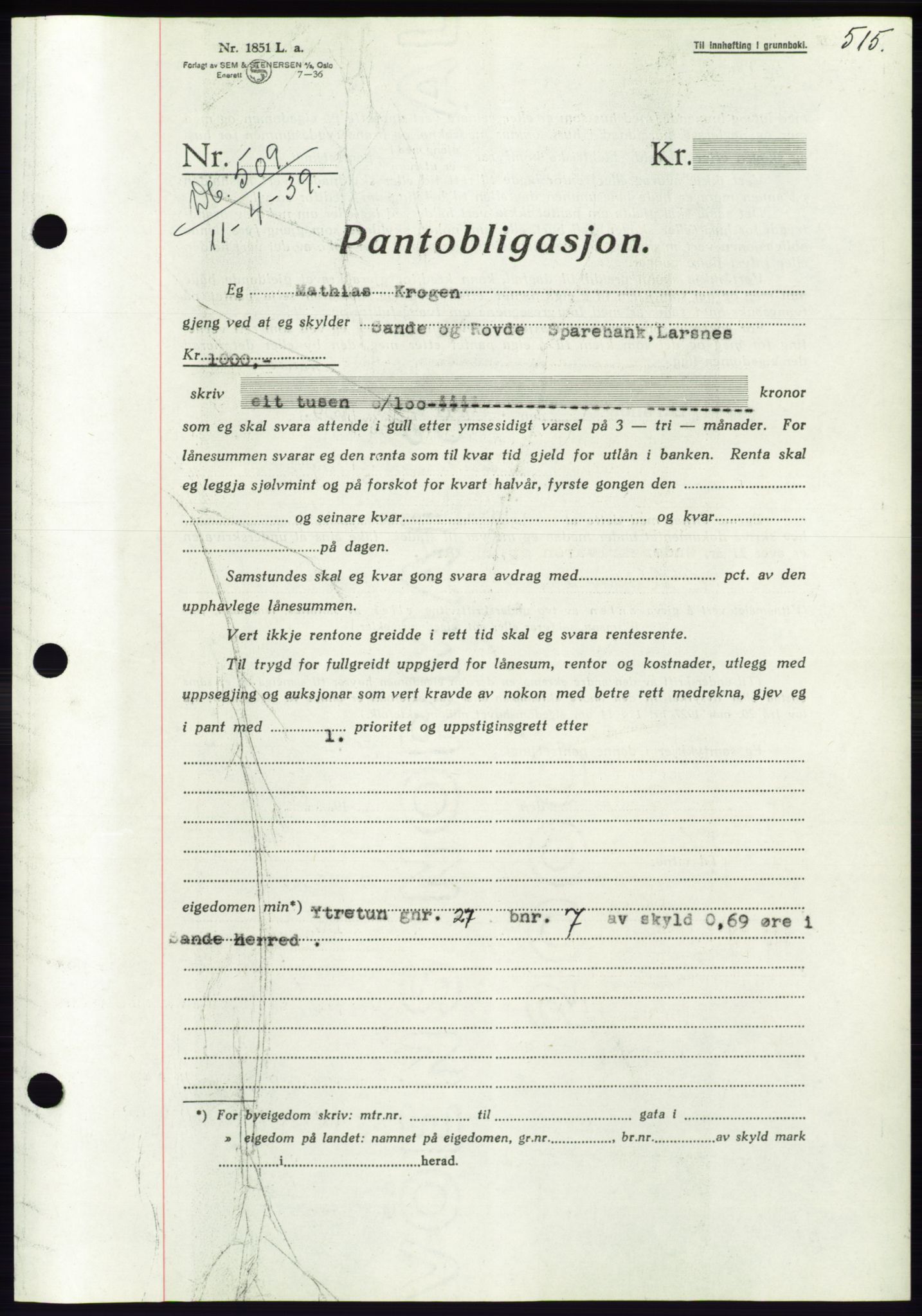 Søre Sunnmøre sorenskriveri, AV/SAT-A-4122/1/2/2C/L0067: Mortgage book no. 61, 1938-1939, Diary no: : 509/1939