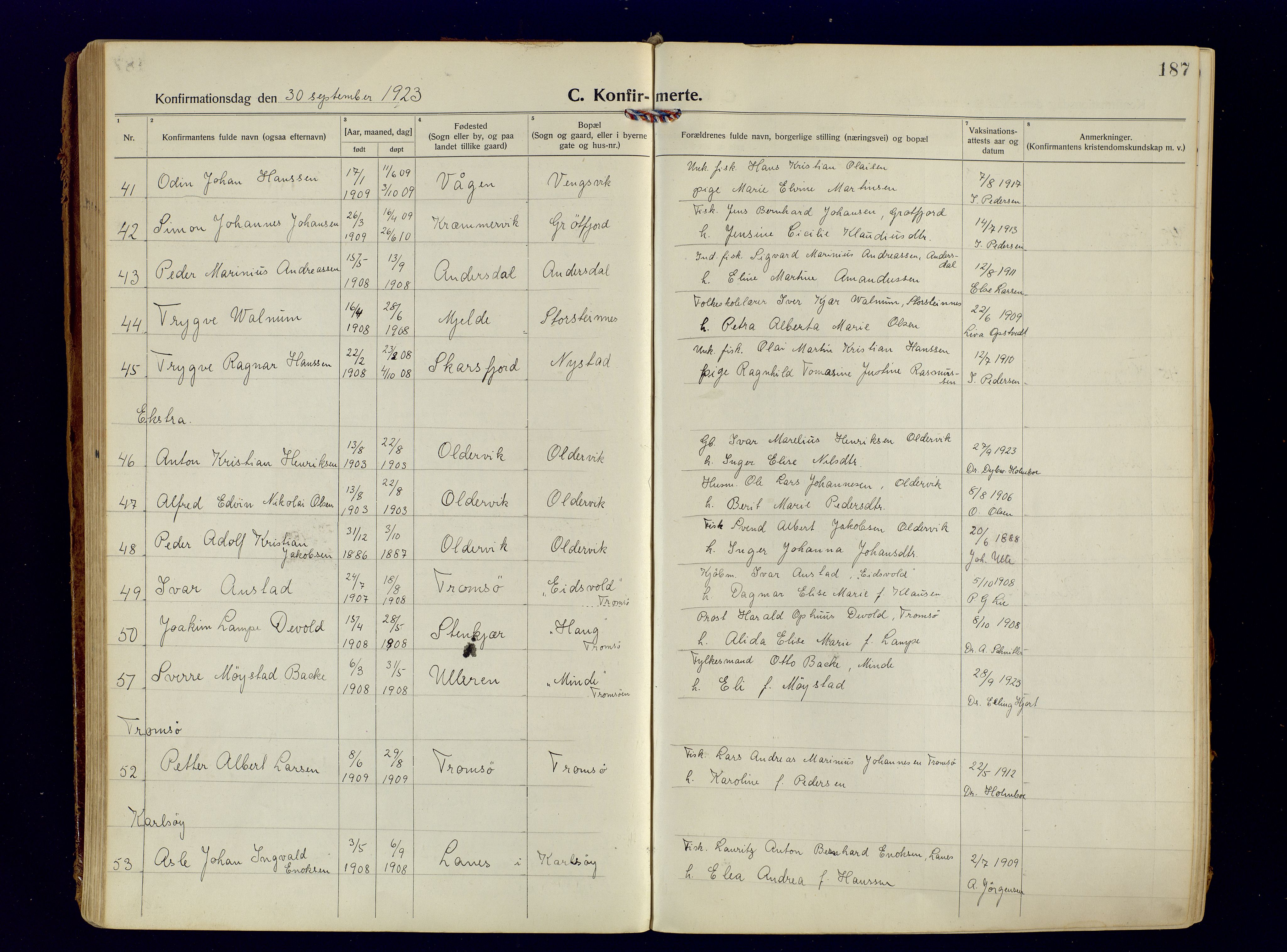 Tromsøysund sokneprestkontor, AV/SATØ-S-1304/G/Ga/L0009kirke: Parish register (official) no. 9, 1922-1934, p. 187