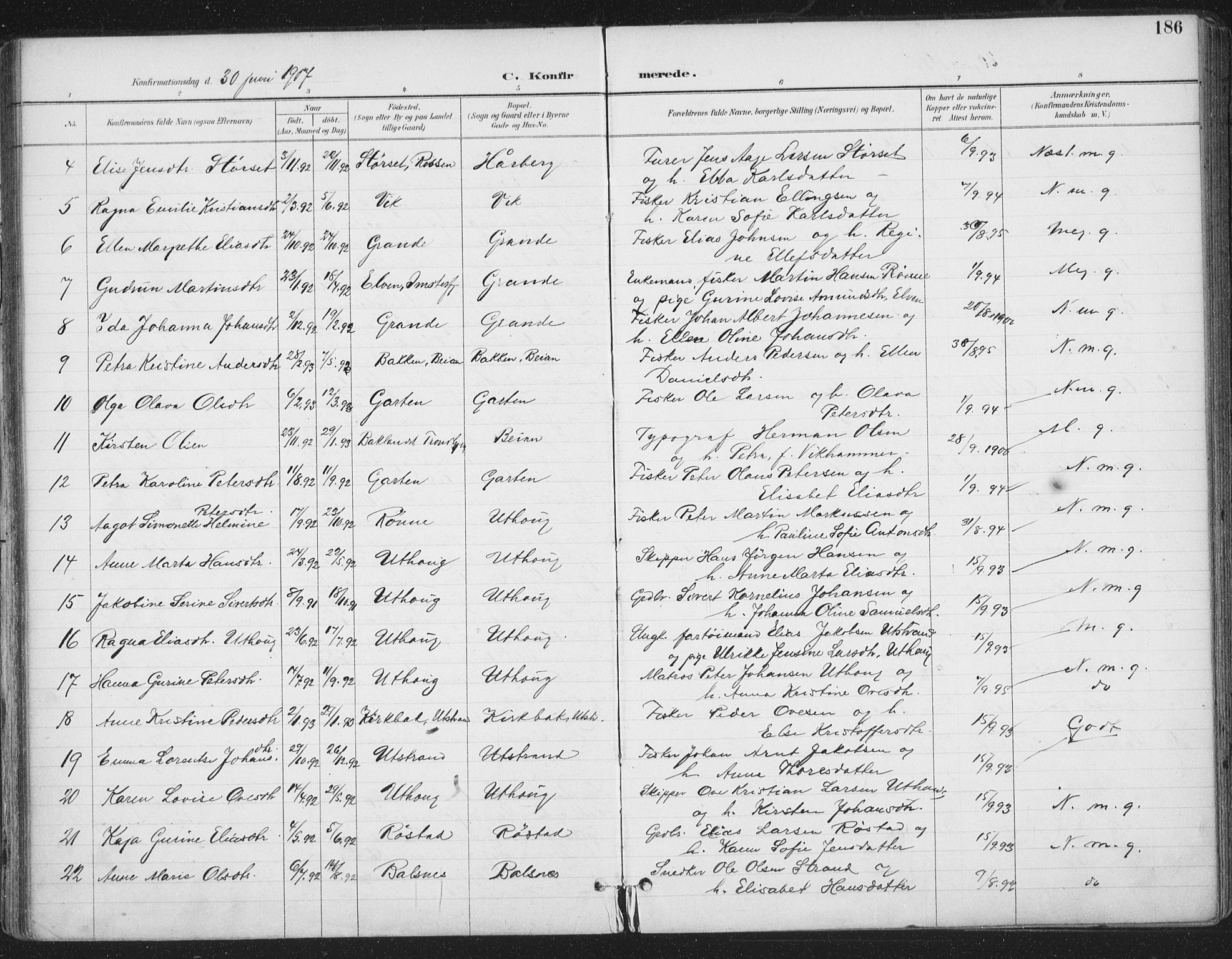 Ministerialprotokoller, klokkerbøker og fødselsregistre - Sør-Trøndelag, AV/SAT-A-1456/659/L0743: Parish register (official) no. 659A13, 1893-1910, p. 186