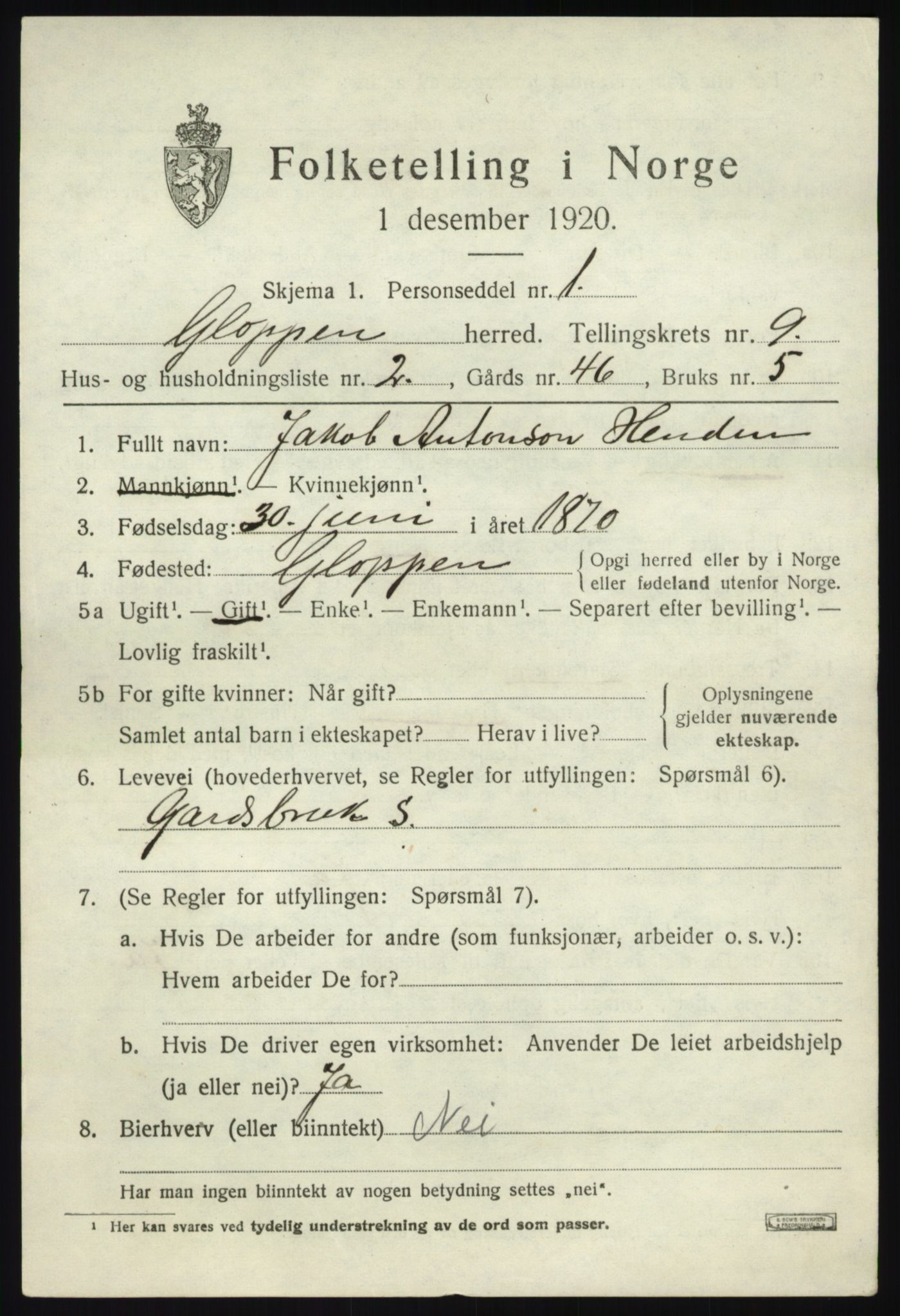 SAB, 1920 census for Gloppen, 1920, p. 4858