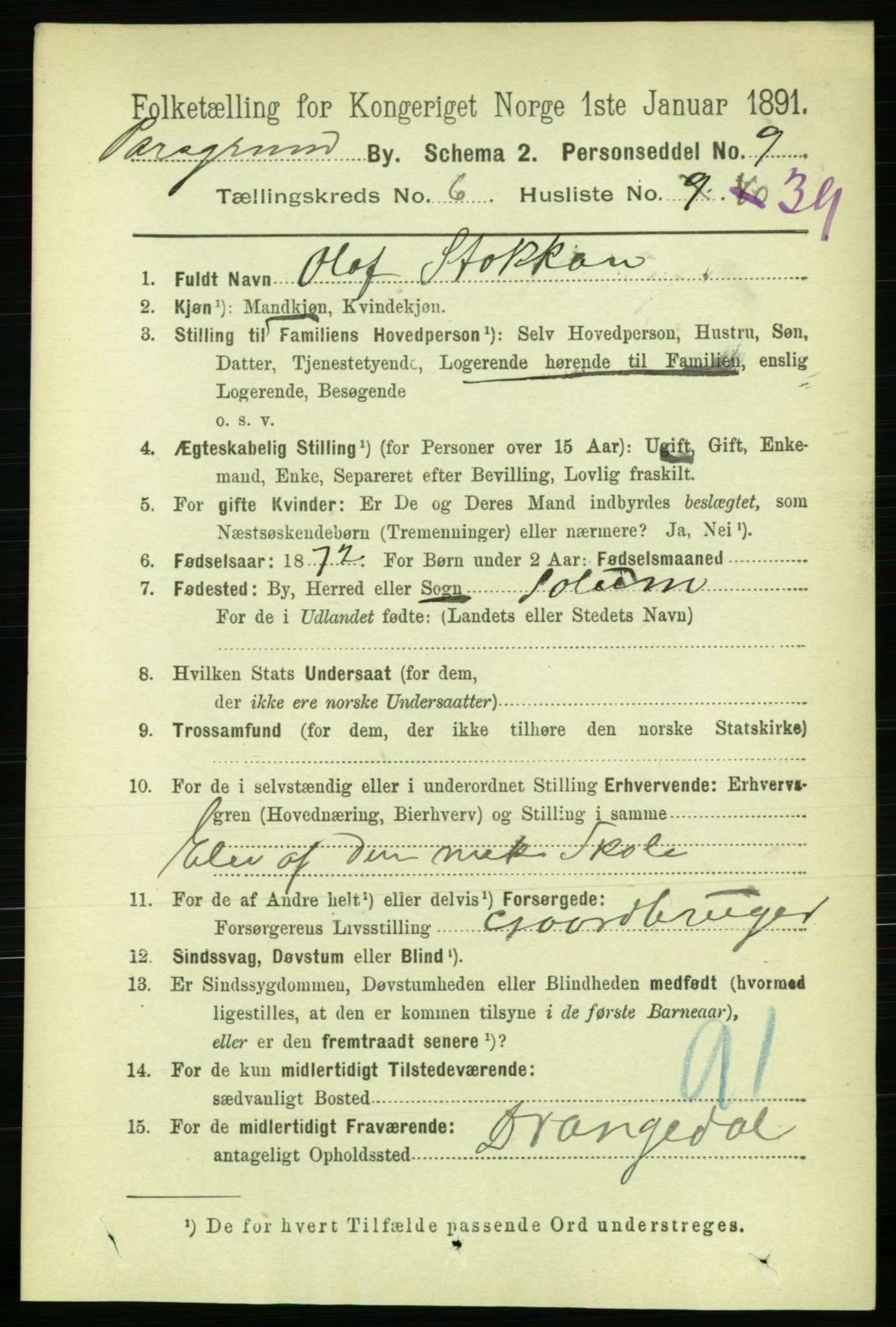 RA, 1891 census for 0805 Porsgrunn, 1891, p. 5443