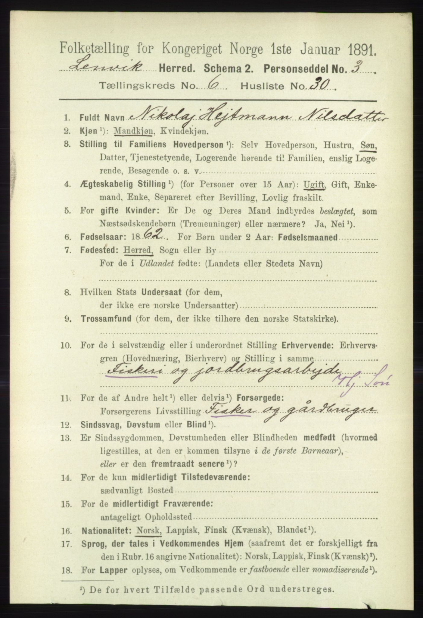 RA, 1891 census for 1931 Lenvik, 1891, p. 3413