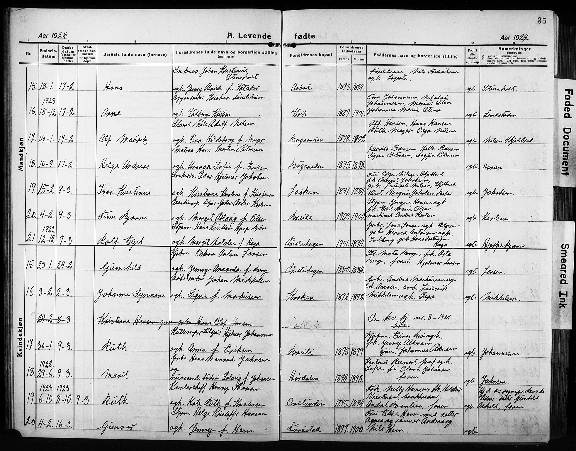 Sandar kirkebøker, AV/SAKO-A-243/G/Ga/L0004: Parish register (copy) no. 4, 1922-1932, p. 35