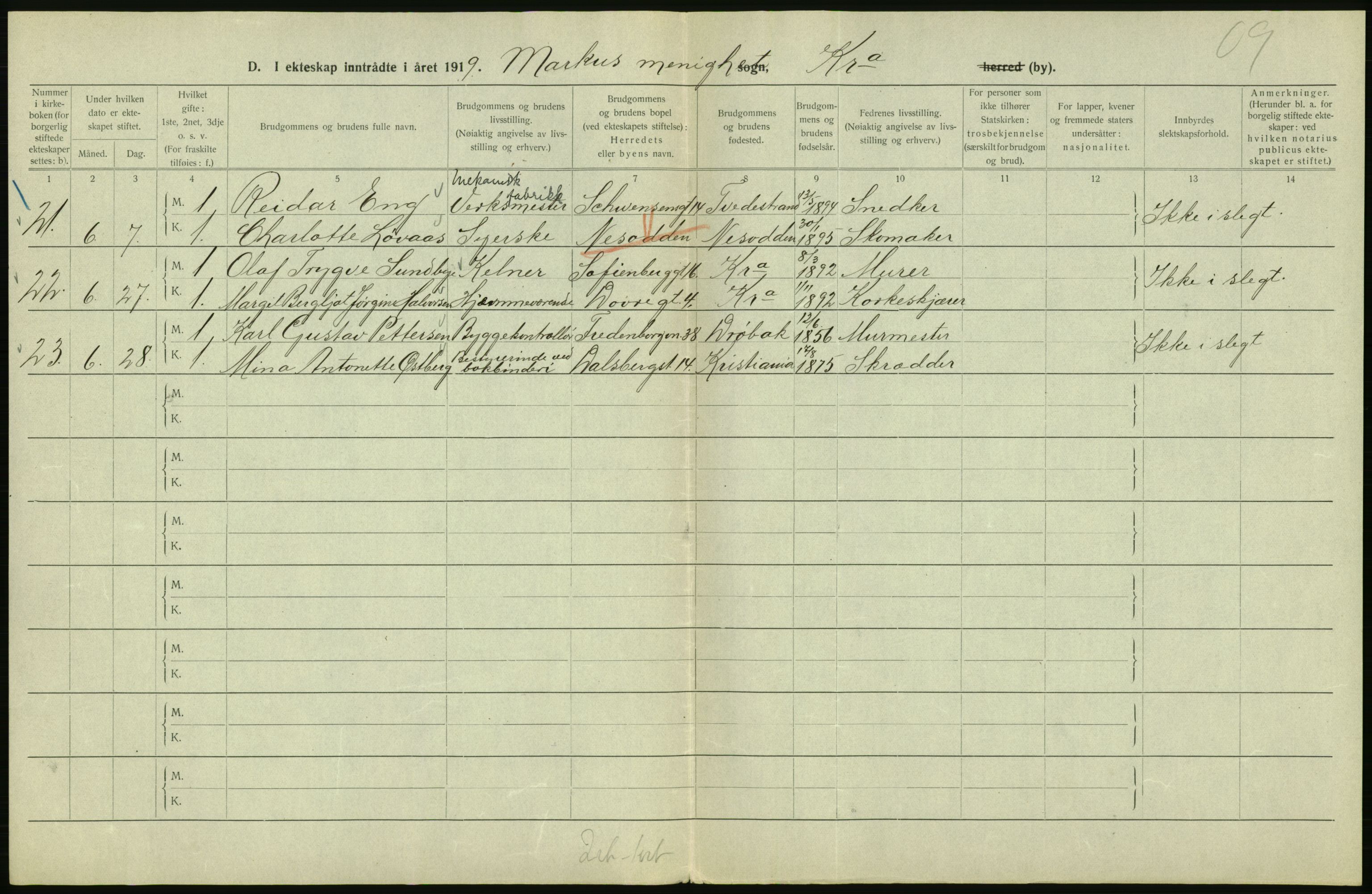 Statistisk sentralbyrå, Sosiodemografiske emner, Befolkning, AV/RA-S-2228/D/Df/Dfb/Dfbi/L0009: Kristiania: Gifte, 1919, p. 336