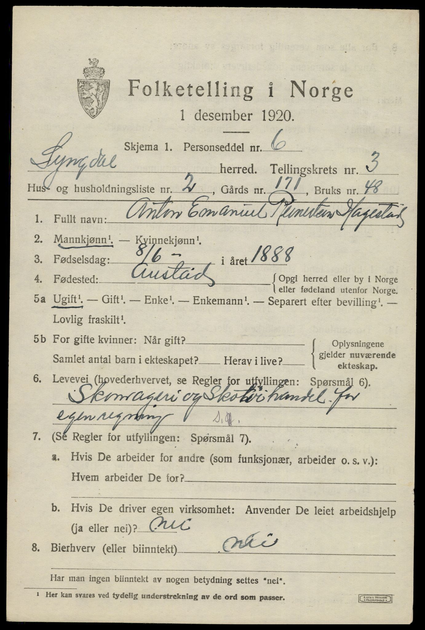 SAK, 1920 census for Lyngdal, 1920, p. 1929