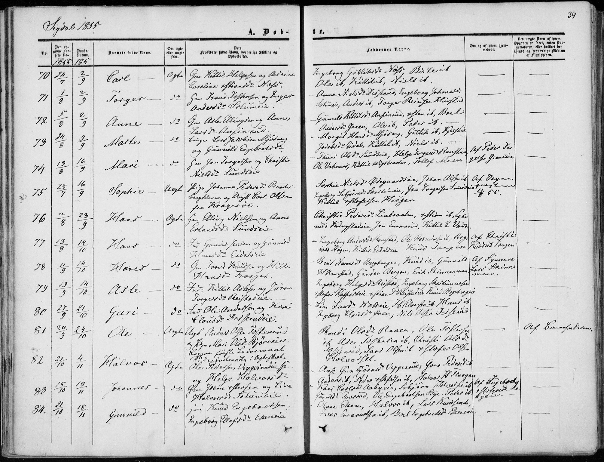 Sigdal kirkebøker, AV/SAKO-A-245/F/Fa/L0008: Parish register (official) no. I 8, 1850-1859, p. 39