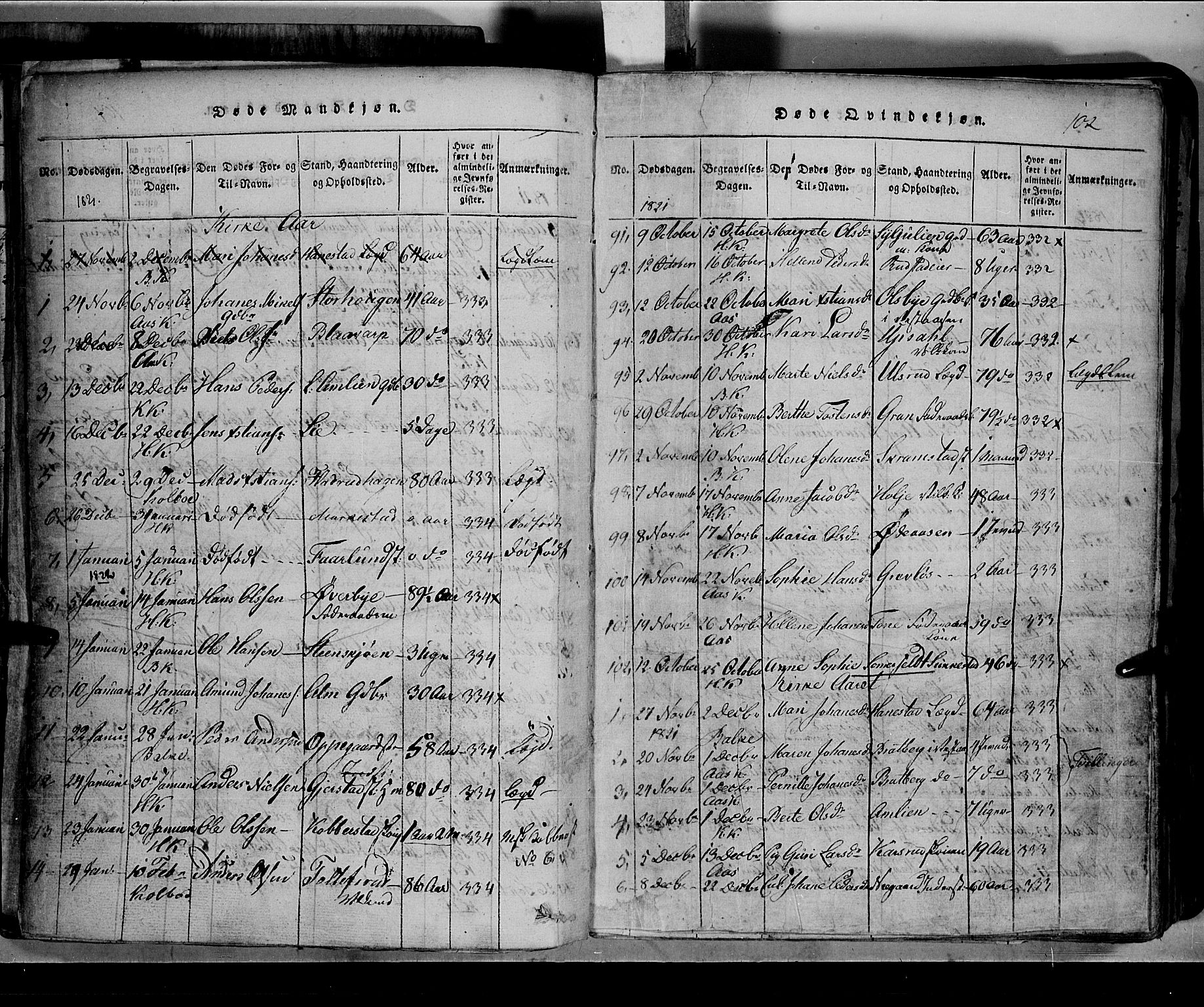 Toten prestekontor, SAH/PREST-102/H/Ha/Hab/L0002: Parish register (copy) no. 2, 1820-1827, p. 102