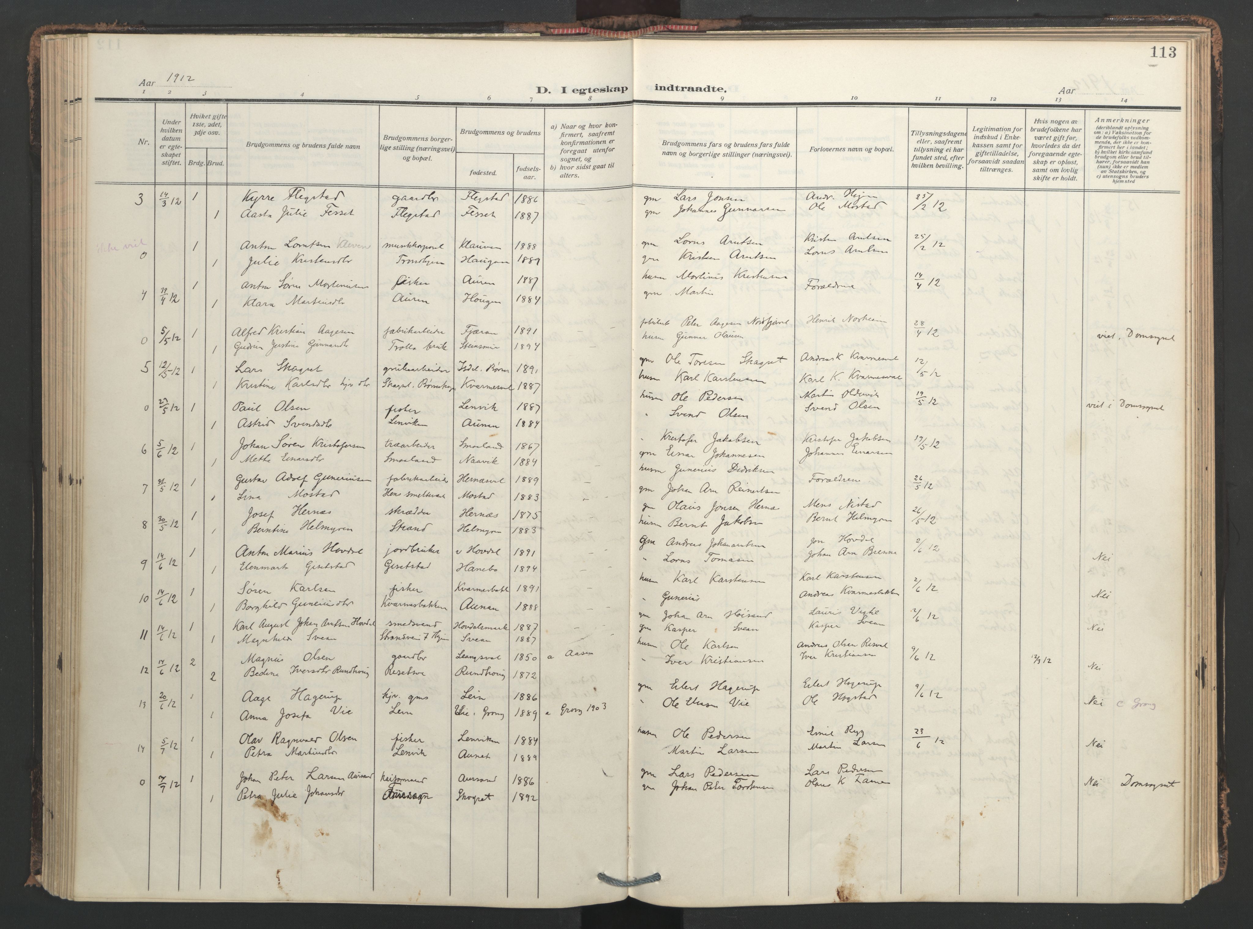 Ministerialprotokoller, klokkerbøker og fødselsregistre - Nord-Trøndelag, SAT/A-1458/713/L0123: Parish register (official) no. 713A12, 1911-1925, p. 113
