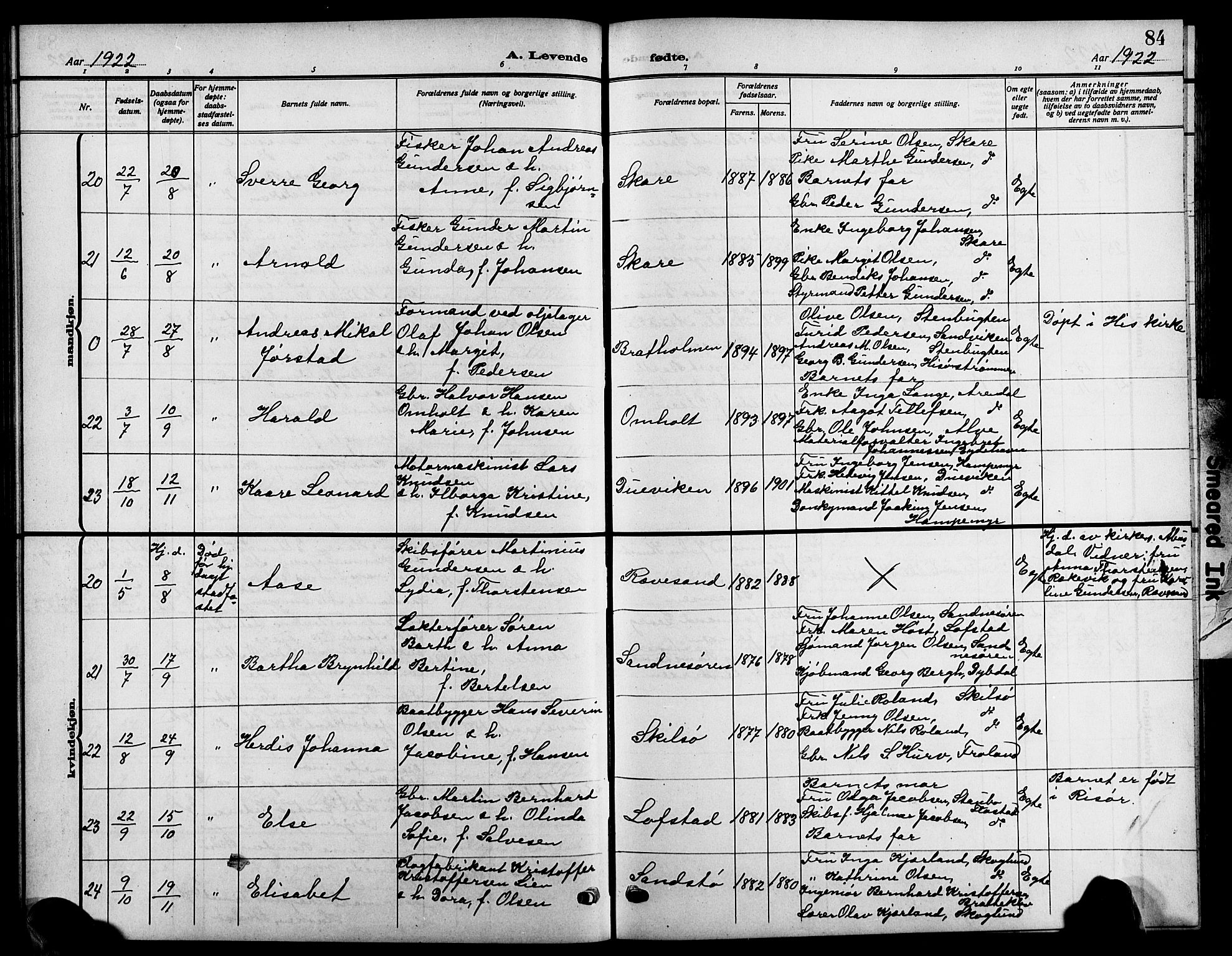 Tromøy sokneprestkontor, AV/SAK-1111-0041/F/Fb/L0007: Parish register (copy) no. B 7, 1908-1925, p. 84