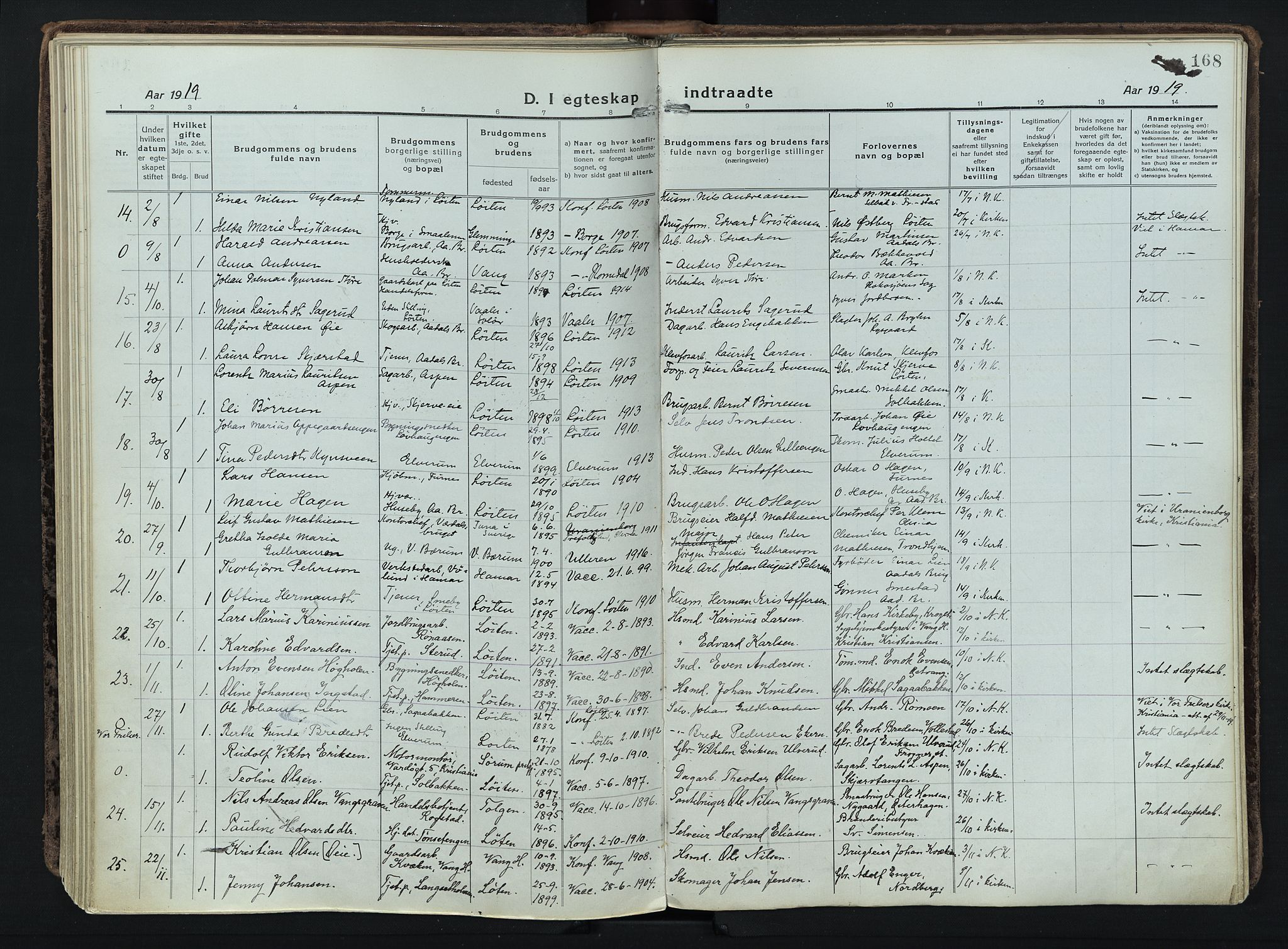 Løten prestekontor, AV/SAH-PREST-022/K/Ka/L0012: Parish register (official) no. 12, 1918-1926, p. 168