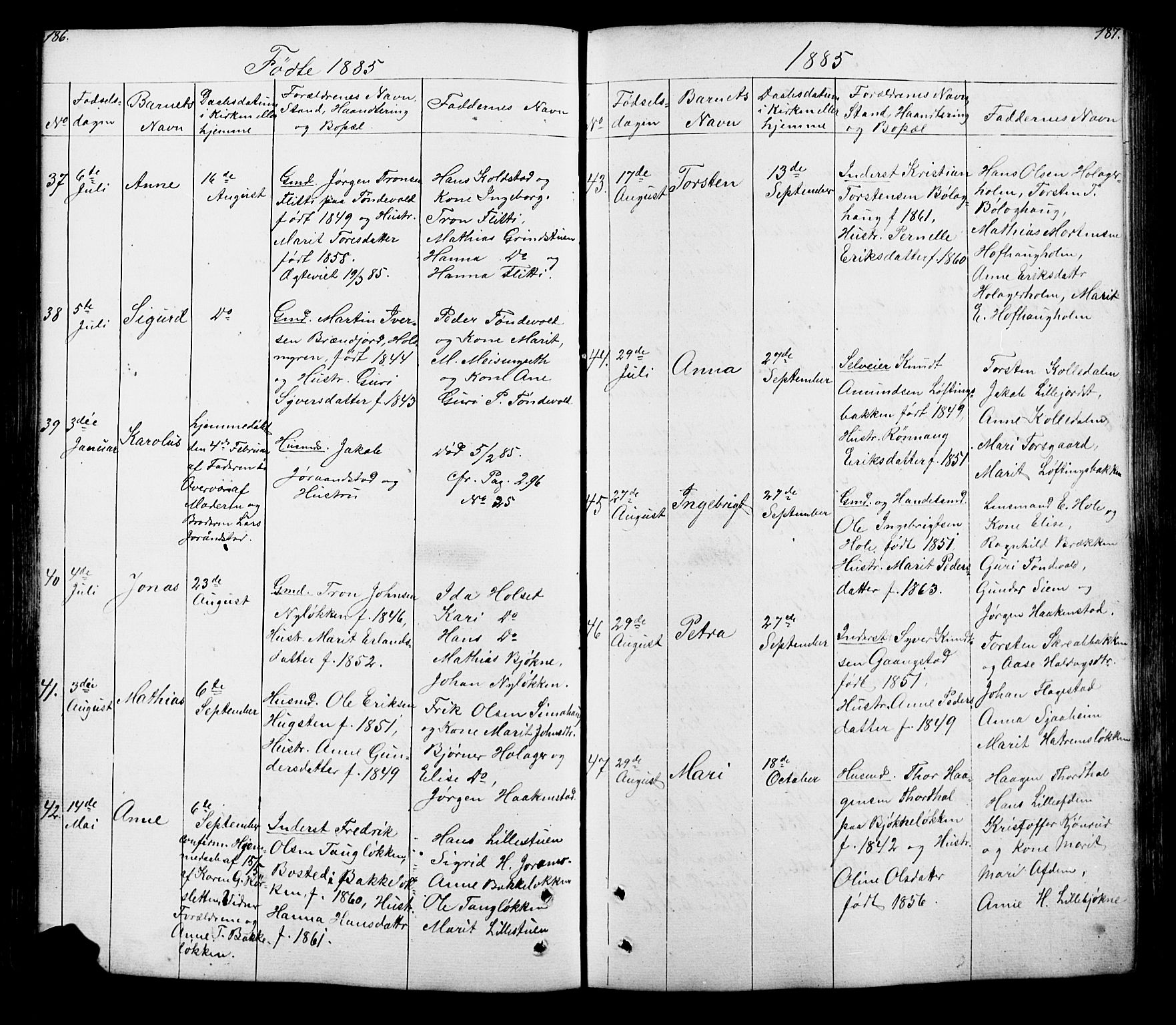 Lesja prestekontor, SAH/PREST-068/H/Ha/Hab/L0005: Parish register (copy) no. 5, 1850-1894, p. 186-187