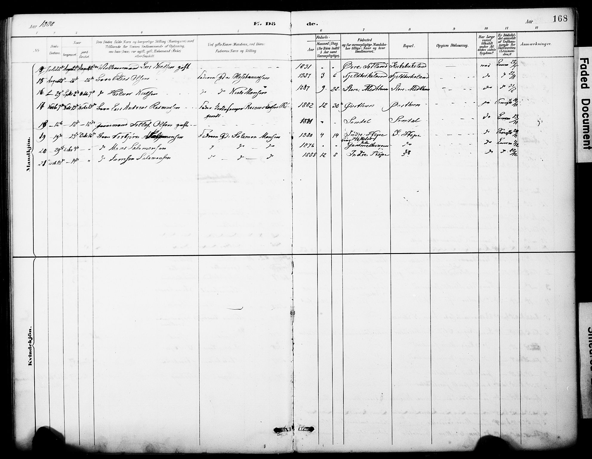 Fana Sokneprestembete, AV/SAB-A-75101/H/Haa/Haai/L0002: Parish register (official) no. I 2, 1888-1899, p. 168