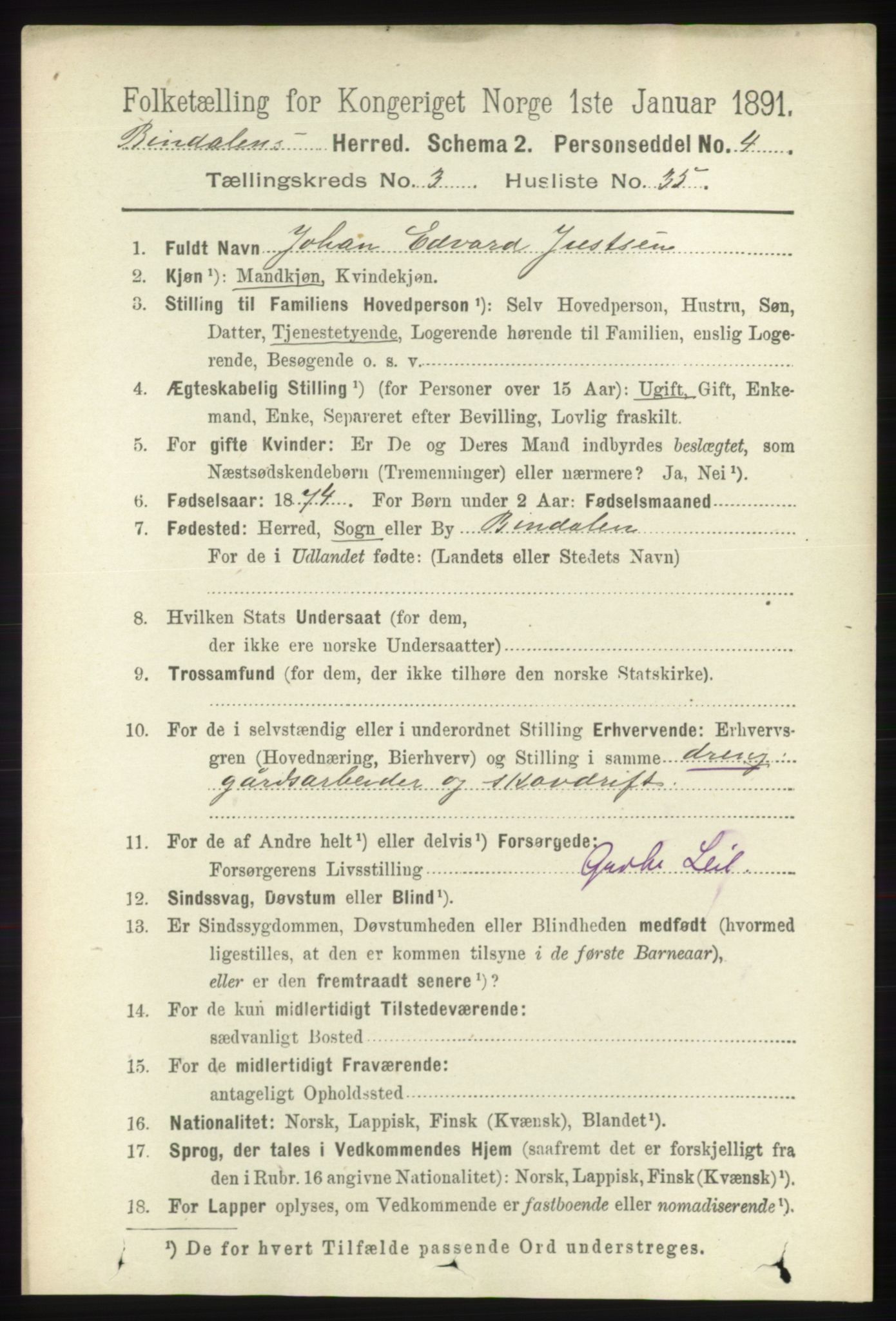RA, 1891 census for 1811 Bindal, 1891, p. 853