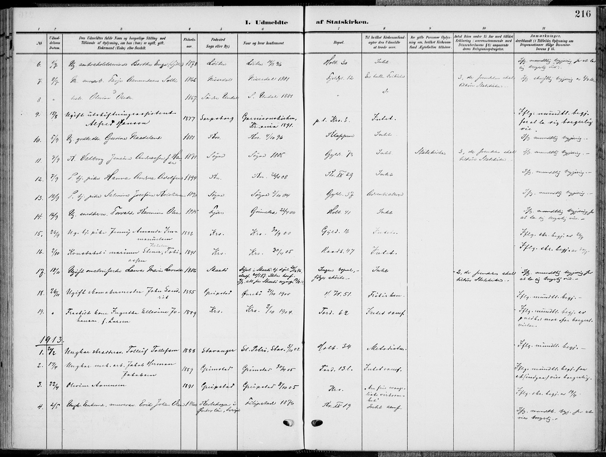Kristiansand domprosti, SAK/1112-0006/F/Fa/L0022: Parish register (official) no. A 21, 1905-1916, p. 216
