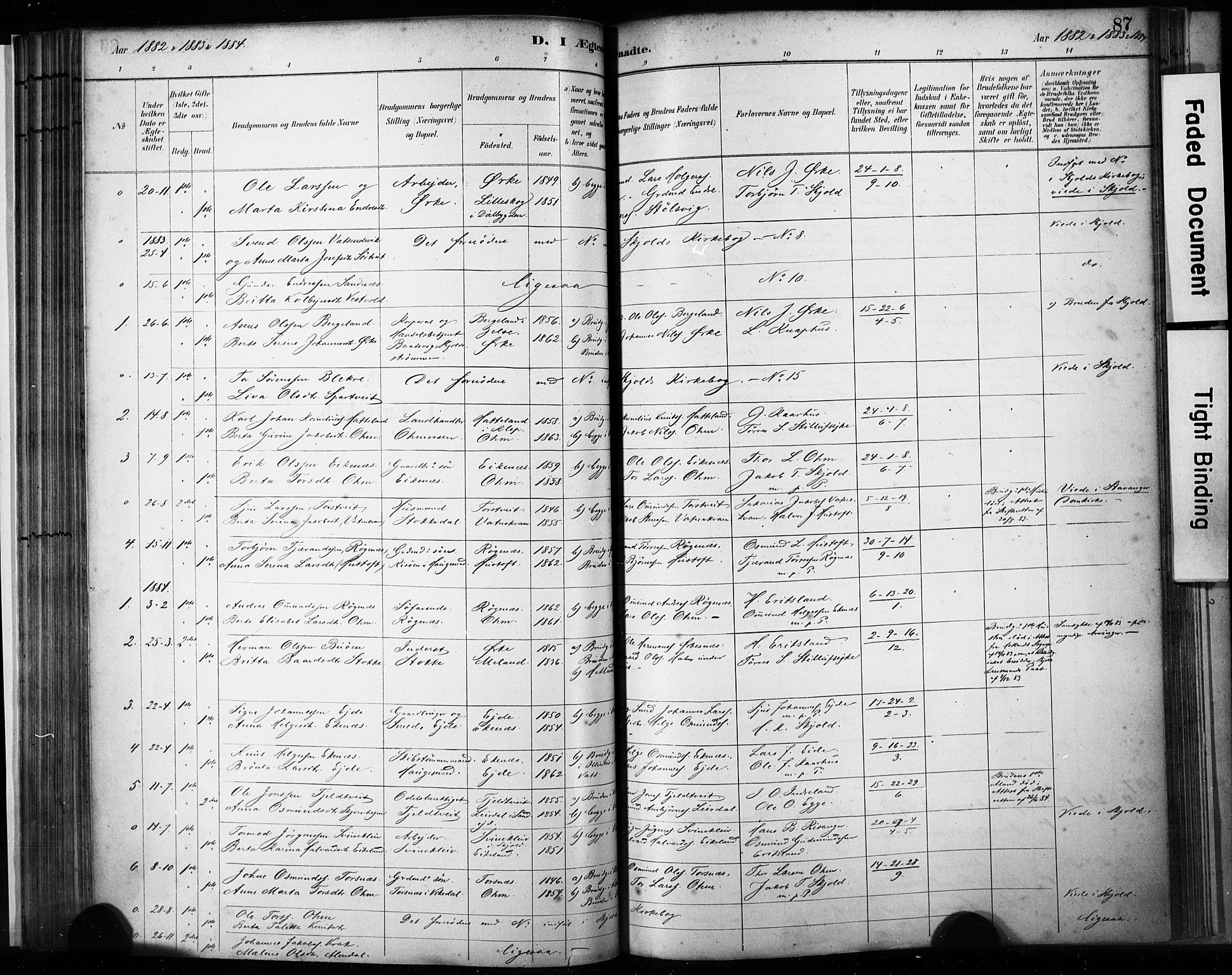 Skjold sokneprestkontor, SAST/A-101847/H/Ha/Haa/L0009: Parish register (official) no. A 9, 1882-1898, p. 87