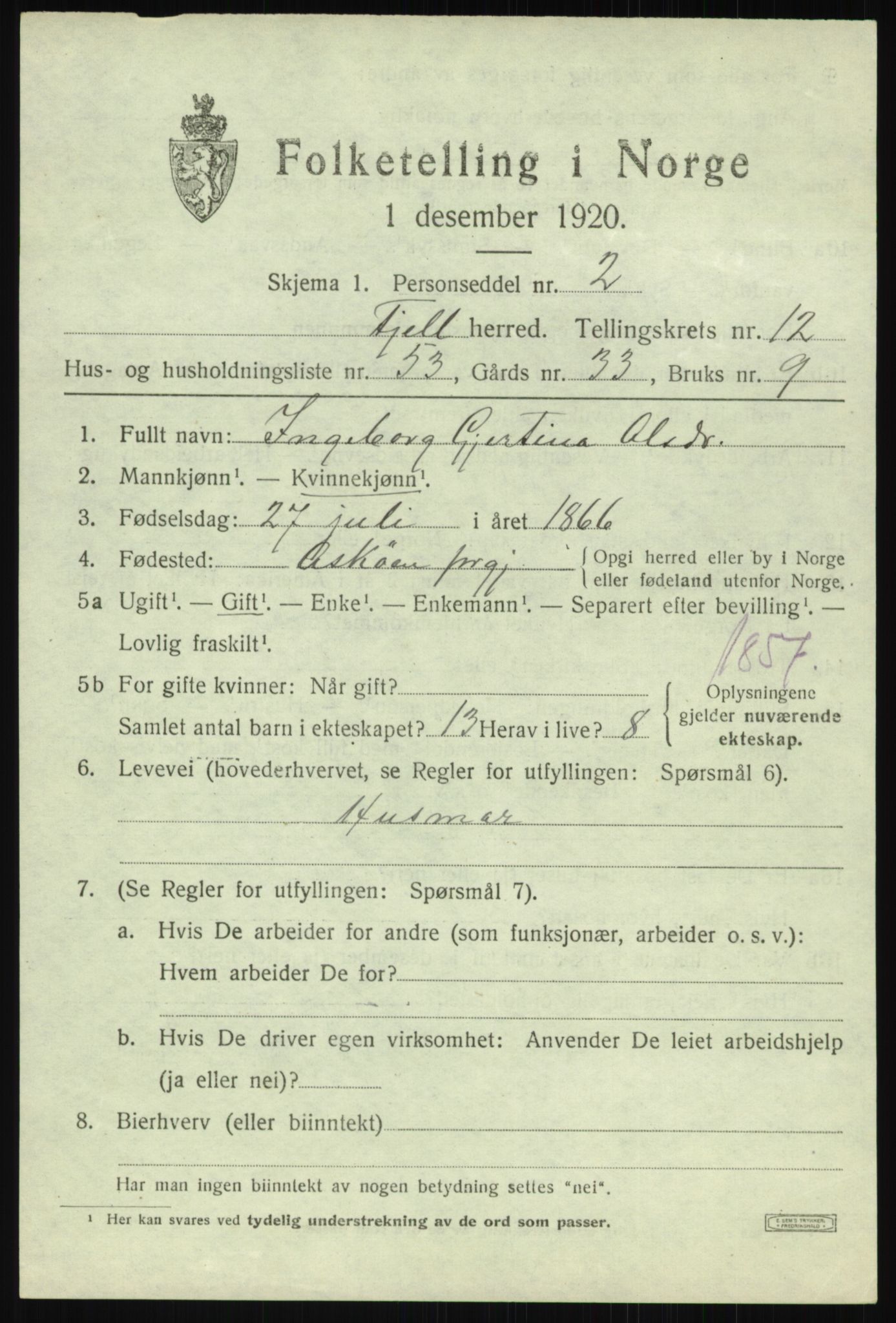 SAB, 1920 census for Fjell, 1920, p. 11454