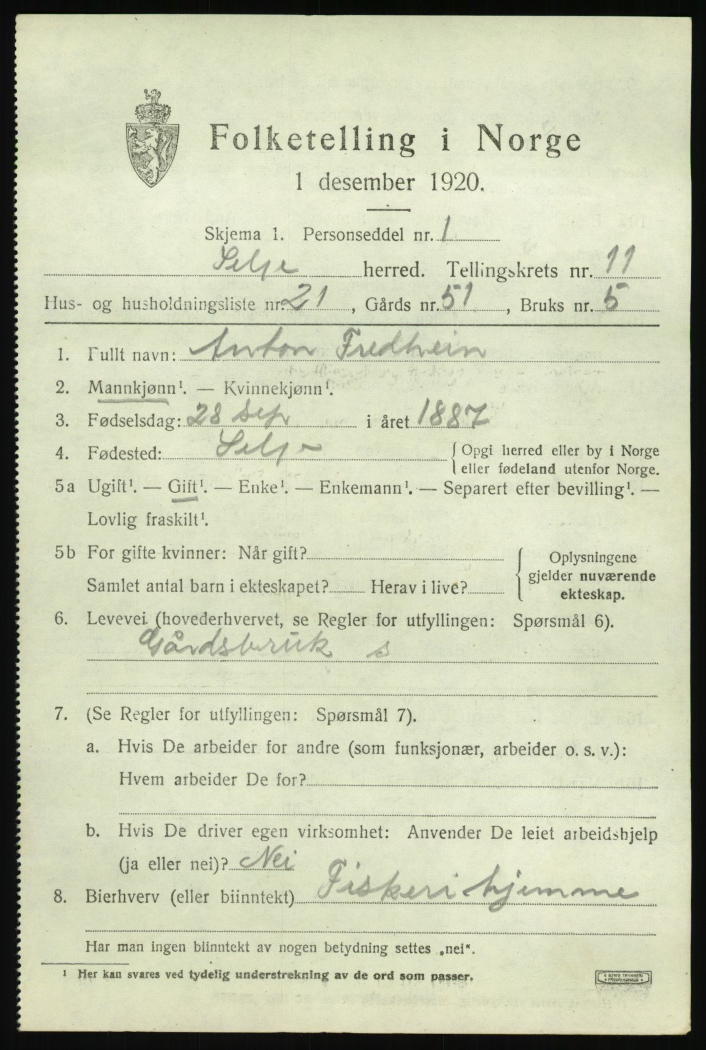 SAB, 1920 census for Selje, 1920, p. 5125