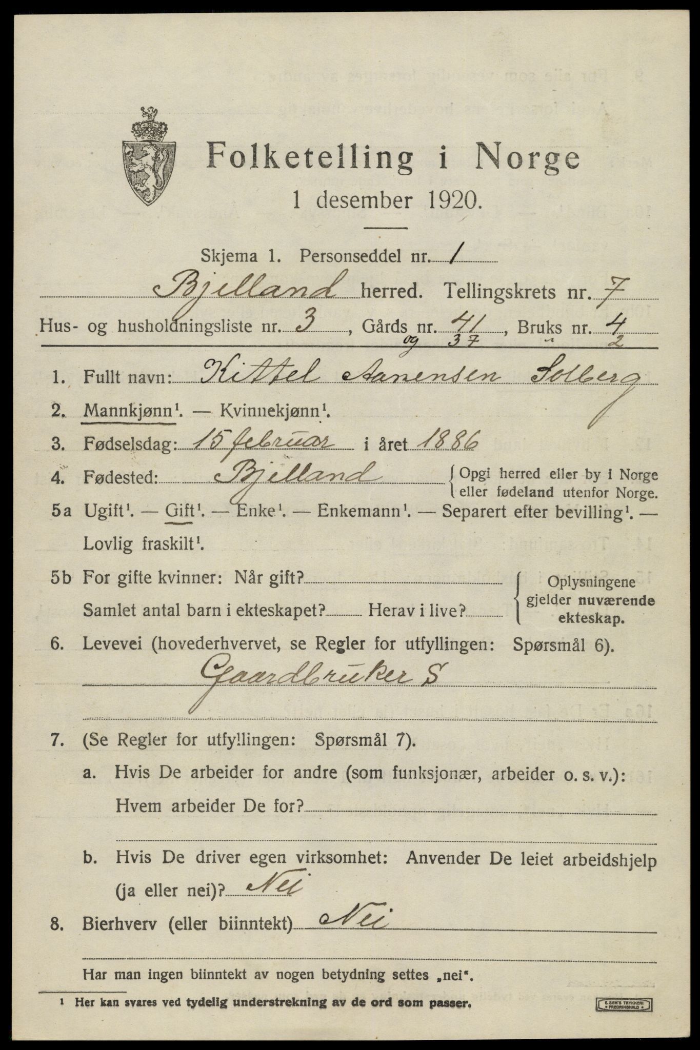 SAK, 1920 census for Bjelland, 1920, p. 2071