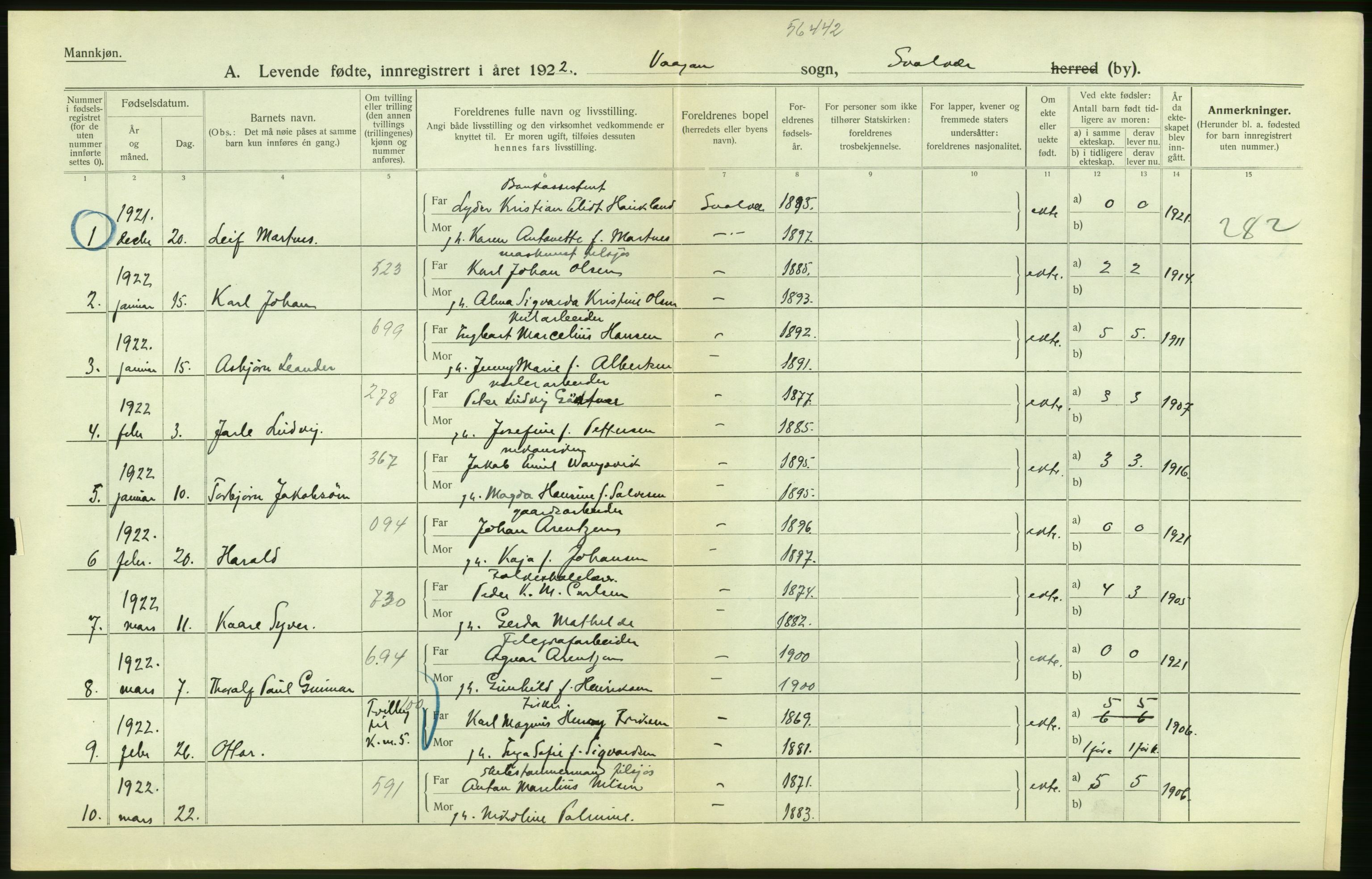 Statistisk sentralbyrå, Sosiodemografiske emner, Befolkning, AV/RA-S-2228/D/Df/Dfc/Dfcb/L0044: Nordland fylke: Levendefødte menn og kvinner. Bygder og byer., 1922, p. 12