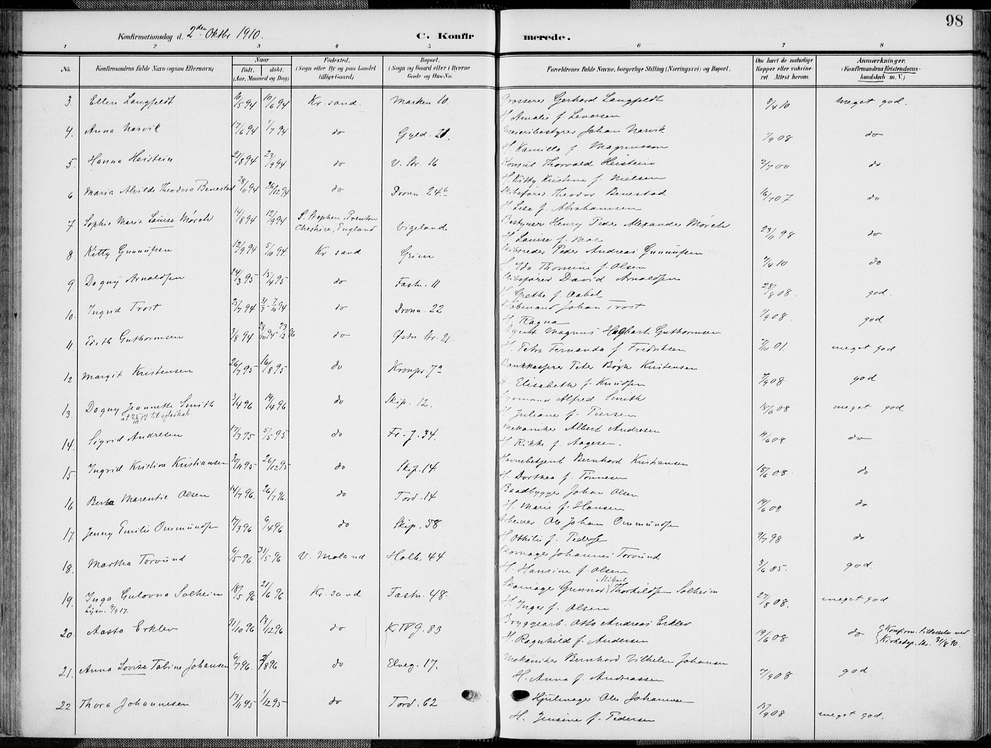 Kristiansand domprosti, SAK/1112-0006/F/Fa/L0022: Parish register (official) no. A 21, 1905-1916, p. 98