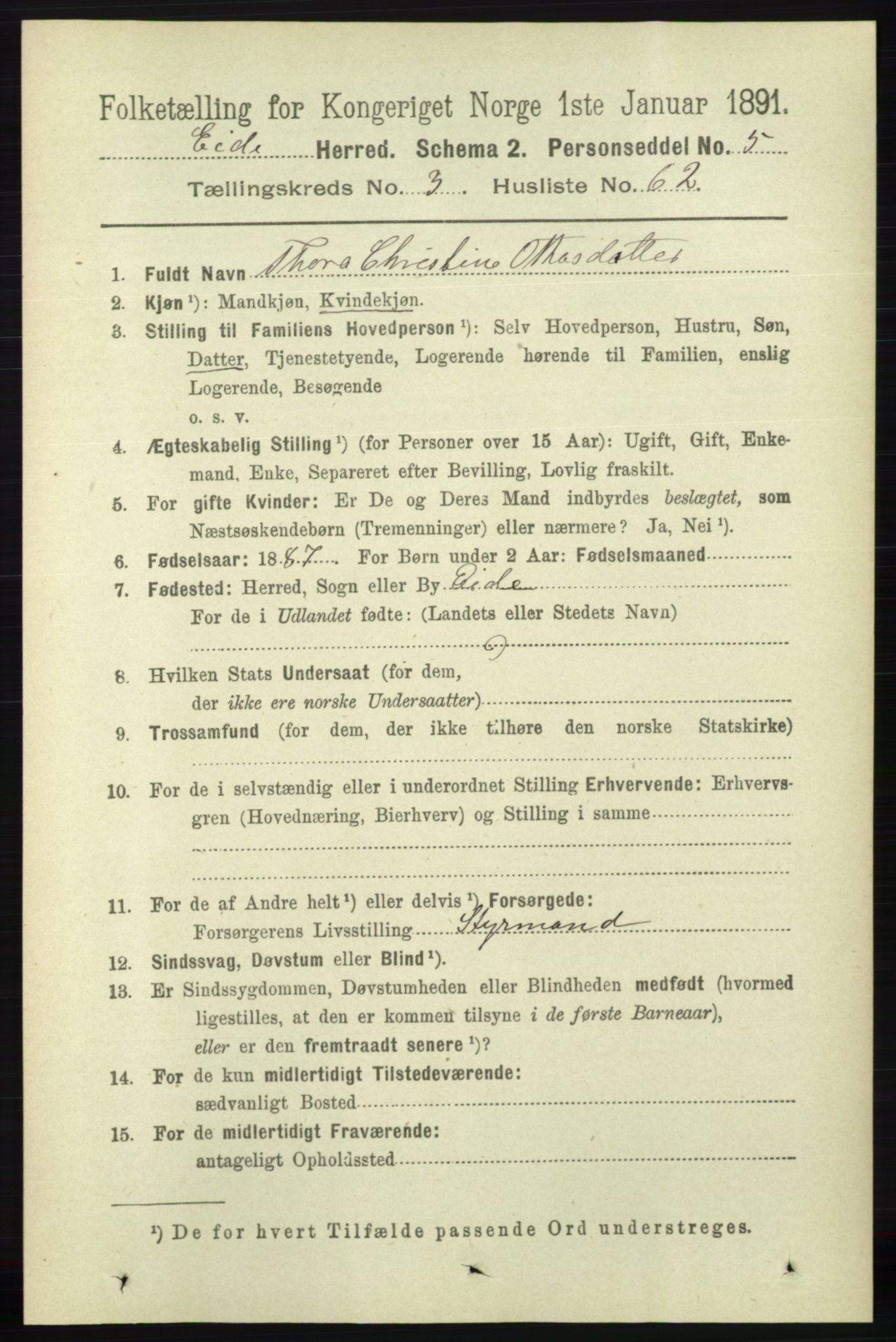 RA, 1891 census for 0925 Eide, 1891, p. 1031