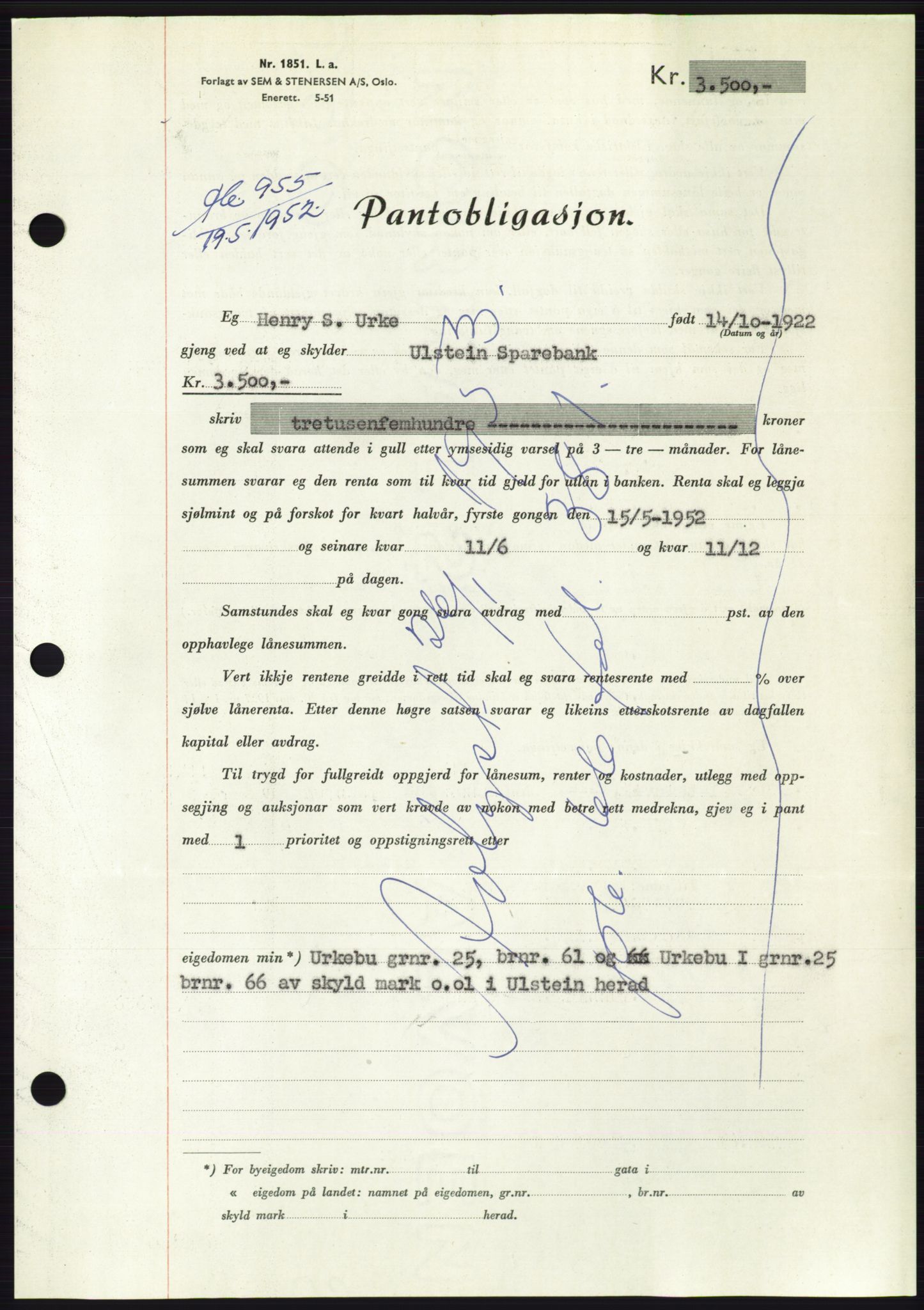 Søre Sunnmøre sorenskriveri, AV/SAT-A-4122/1/2/2C/L0121: Mortgage book no. 9B, 1951-1952, Diary no: : 955/1952