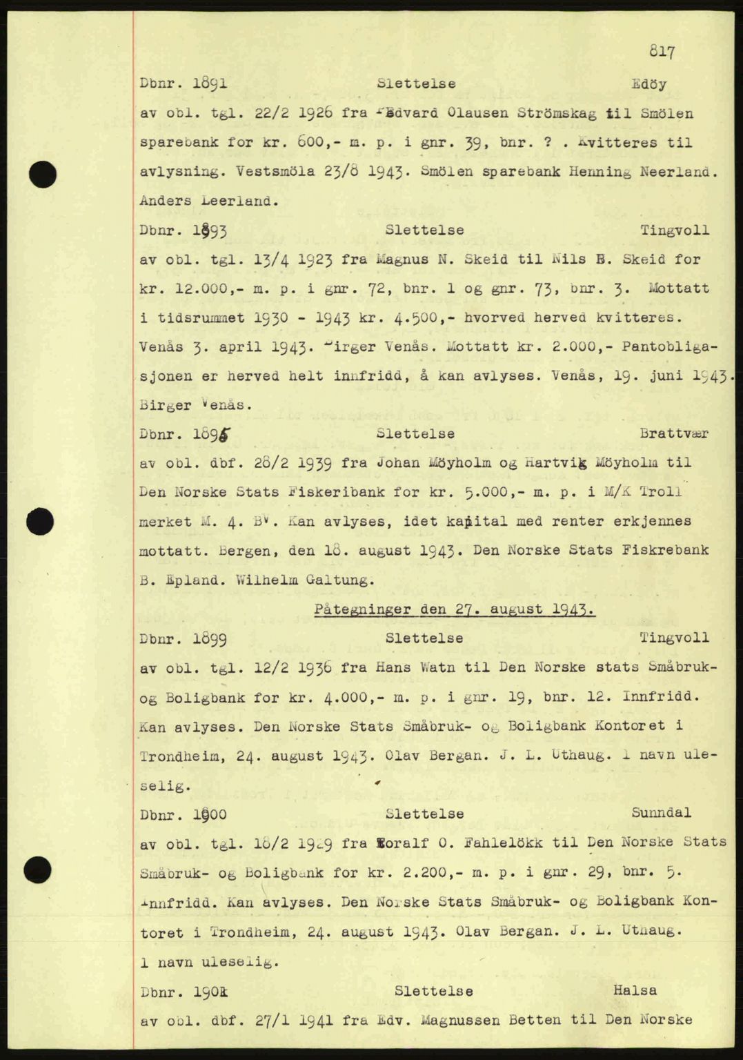 Nordmøre sorenskriveri, AV/SAT-A-4132/1/2/2Ca: Mortgage book no. C81, 1940-1945, Diary no: : 1891/1943