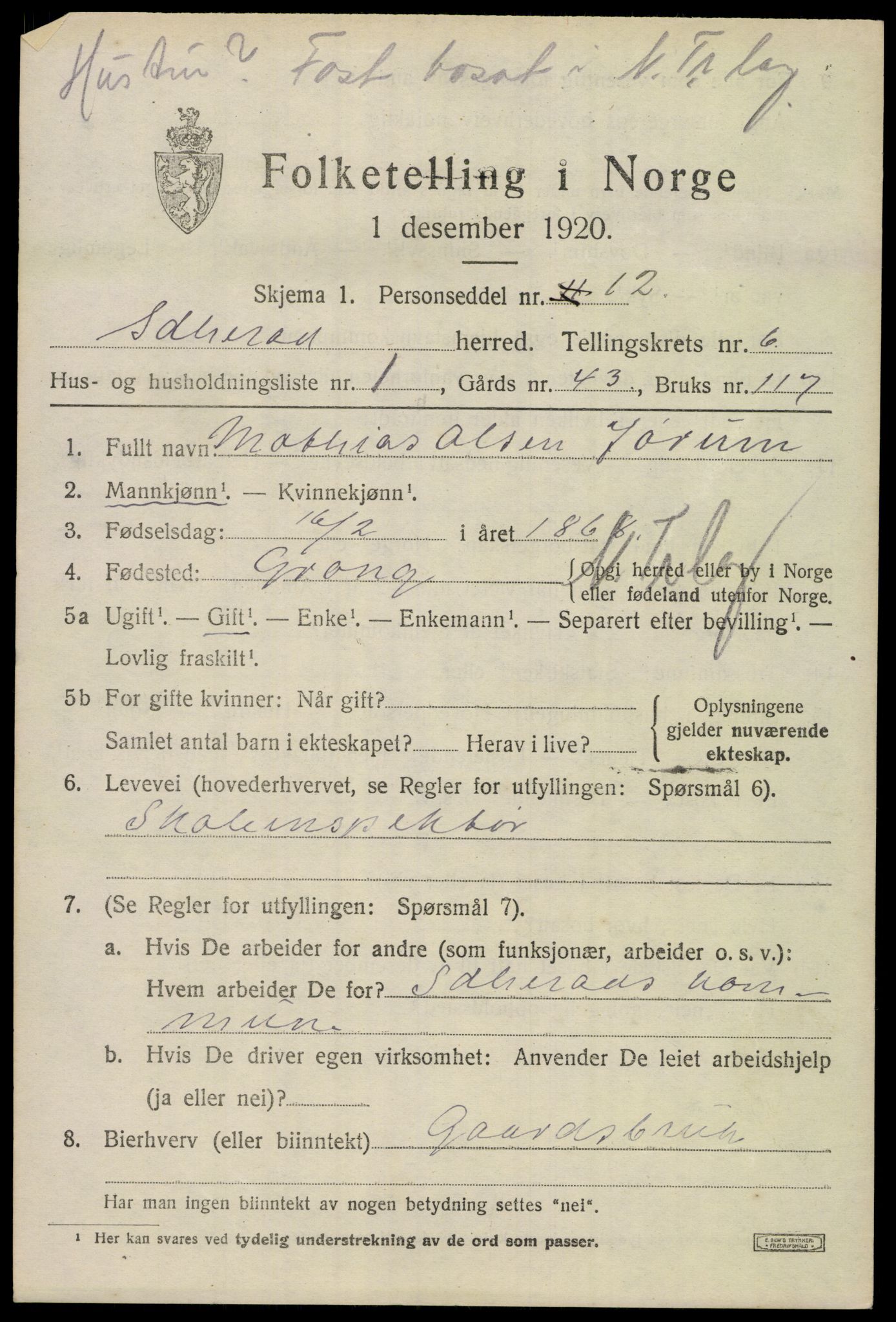 SAKO, 1920 census for Sandeherred, 1920, p. 9580
